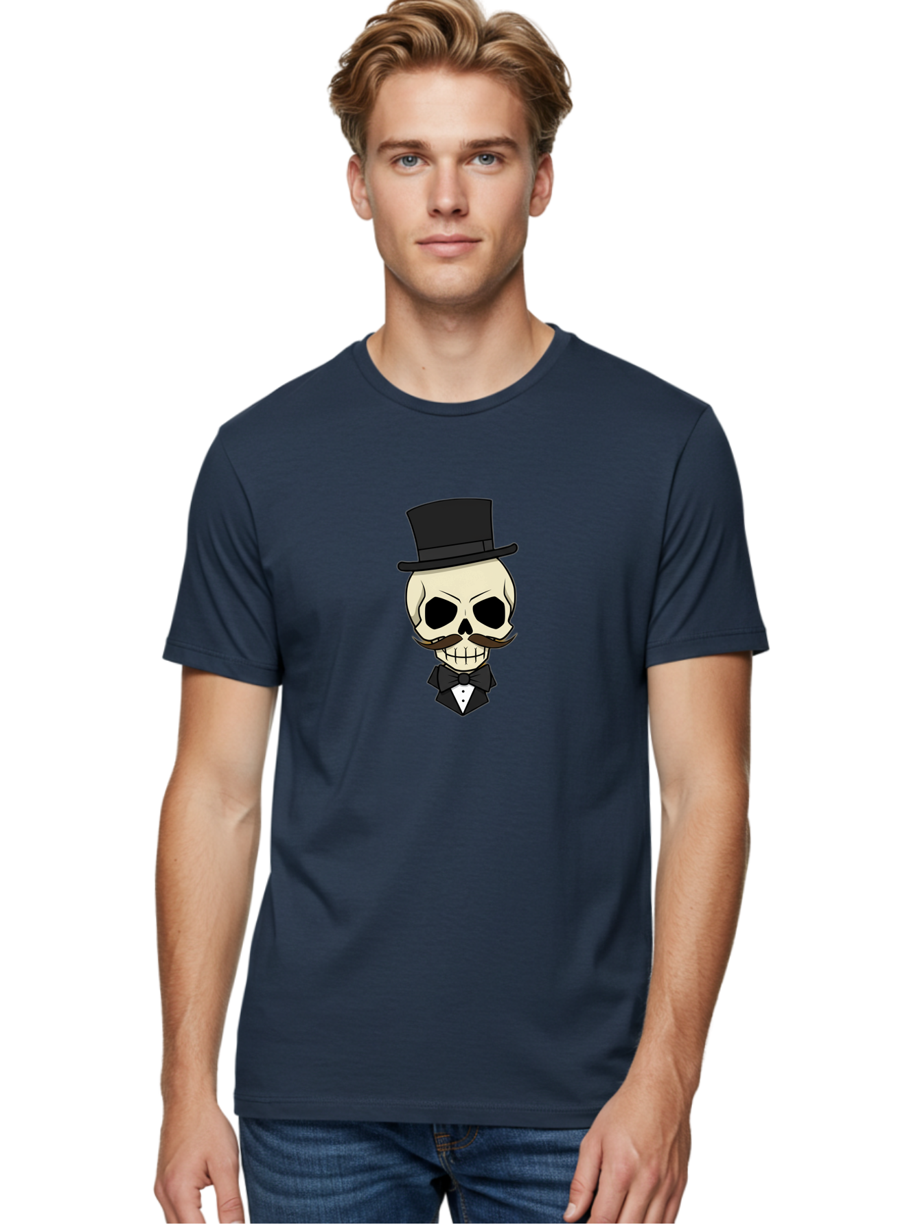 Skull-With-Top-Hat Men'S Graphic Tee, 100% Cotton, Comfortable Casual Summer Wear, Machine Washable, Human Skull With Hat And Mustache, Formal Attire, Bow Tie, Tuxedo, Gentlemanly Appearance, Refined Features, Elegant Design, Quirky Character Bad626
