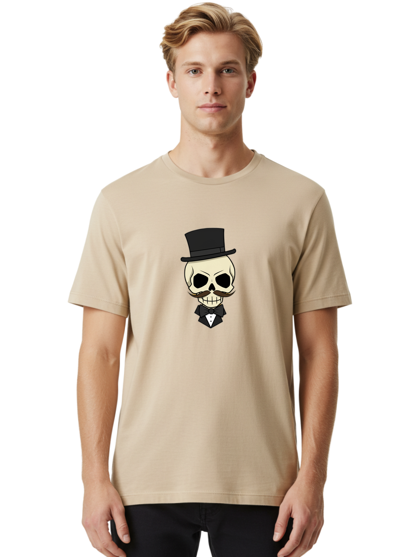Skull-With-Top-Hat Men'S Graphic Tee, 100% Cotton, Comfortable Casual Summer Wear, Machine Washable, Human Skull With Hat And Mustache, Formal Attire, Bow Tie, Tuxedo, Gentlemanly Appearance, Refined Features, Elegant Design, Quirky Character Bad626