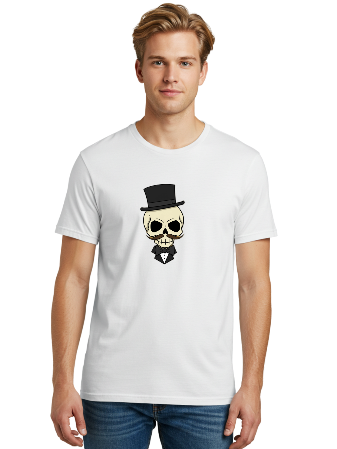 Skull-With-Top-Hat Men'S Graphic Tee, 100% Cotton, Comfortable Casual Summer Wear, Machine Washable, Human Skull With Hat And Mustache, Formal Attire, Bow Tie, Tuxedo, Gentlemanly Appearance, Refined Features, Elegant Design, Quirky Character Bad626