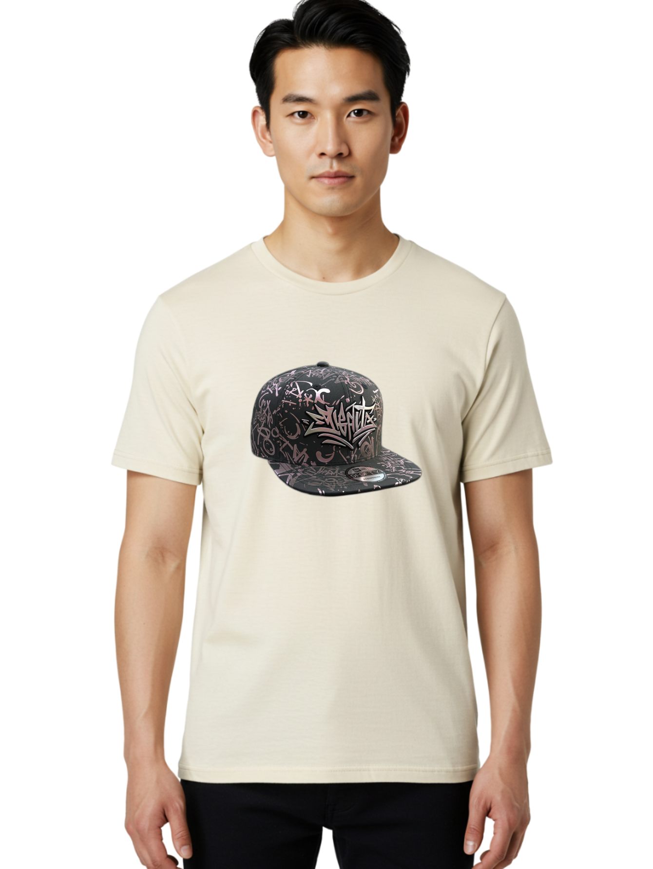 Slanted-Graffiti Men'S Graphic Tee, 100% Cotton, Comfortable Casual Summer Wear, Machine Washable, Black Baseball Cap, Graffiti Design, Streetwear Fashion, Urban Style, Snaghtz Logo, Casual Wear, Trendy Accessories, 47 Brand Label Bad628