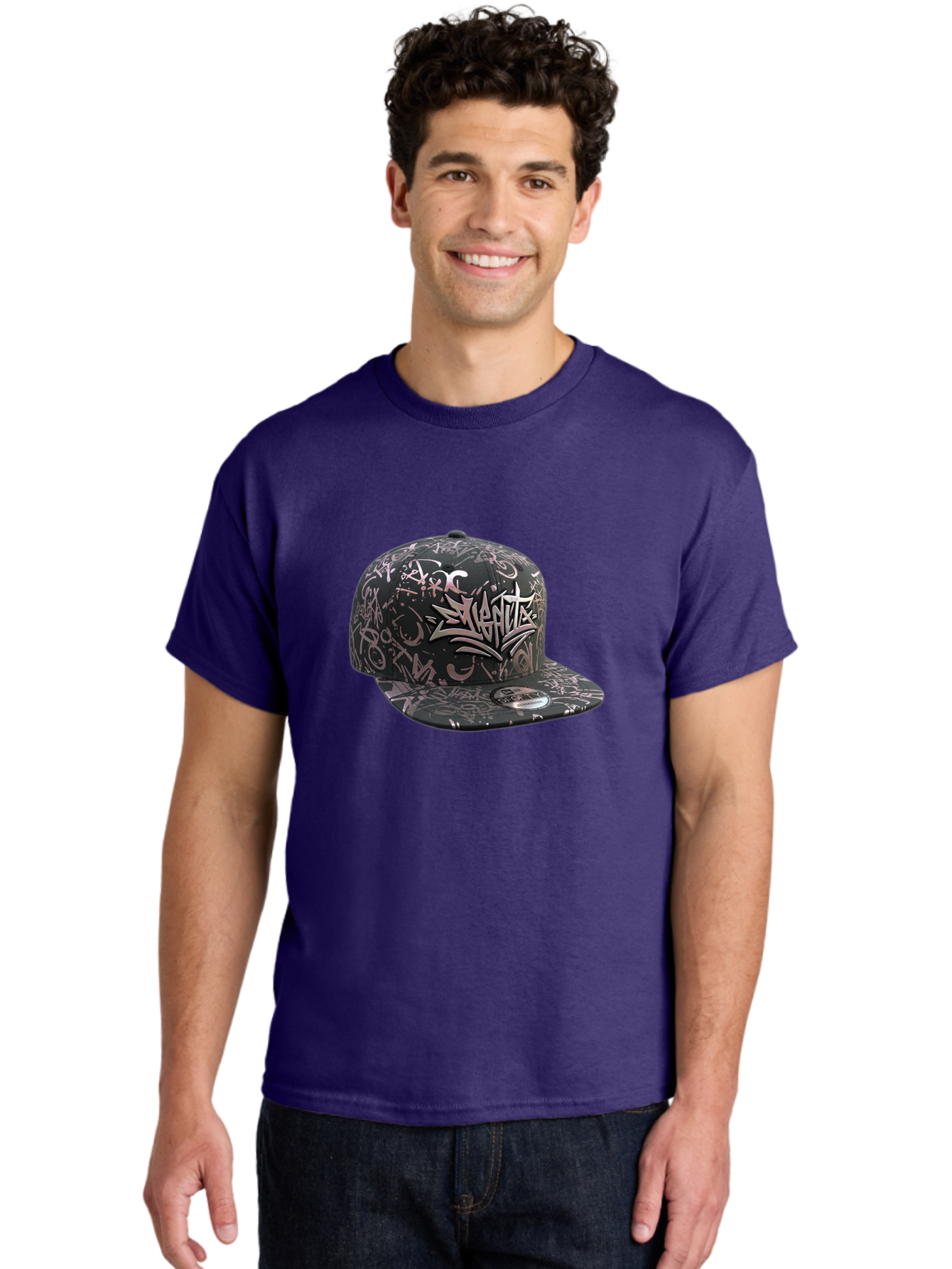 Slanted-Graffiti Men'S Graphic Tee, 100% Cotton, Comfortable Casual Summer Wear, Machine Washable, Black Baseball Cap, Graffiti Design, Streetwear Fashion, Urban Style, Snaghtz Logo, Casual Wear, Trendy Accessories, 47 Brand Label Bad628