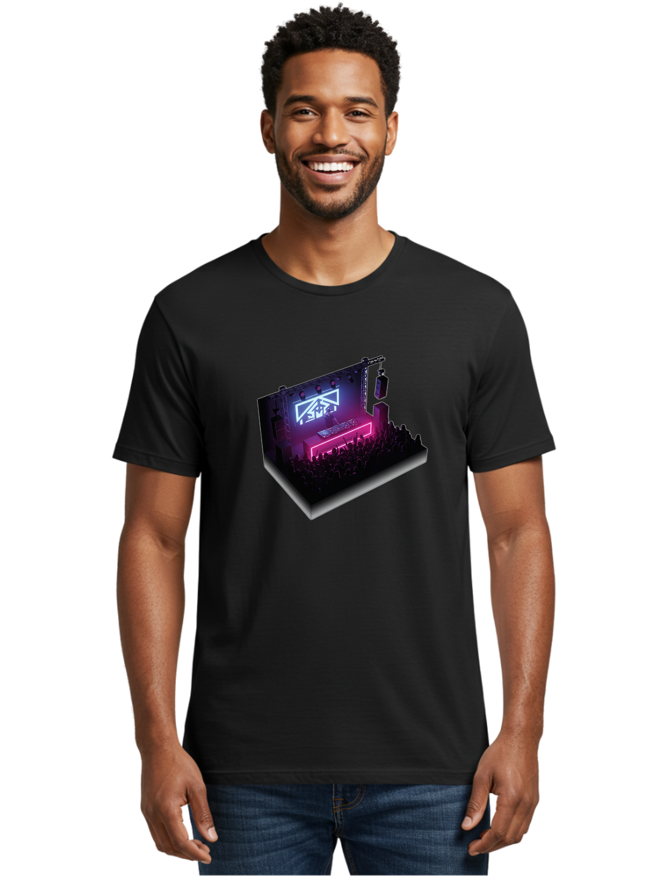 Smb-Stage Men'S Graphic Tee, 100% Cotton, Comfortable Casual Summer Wear, Machine Washable, Dj On Stage, Electronic Dance Music, 3D Graphic Design, Rave Party, Nightclub Atmosphere, Neon Lights, Futuristic Feel, Crowd Dancing, Concert Setup, Bad630