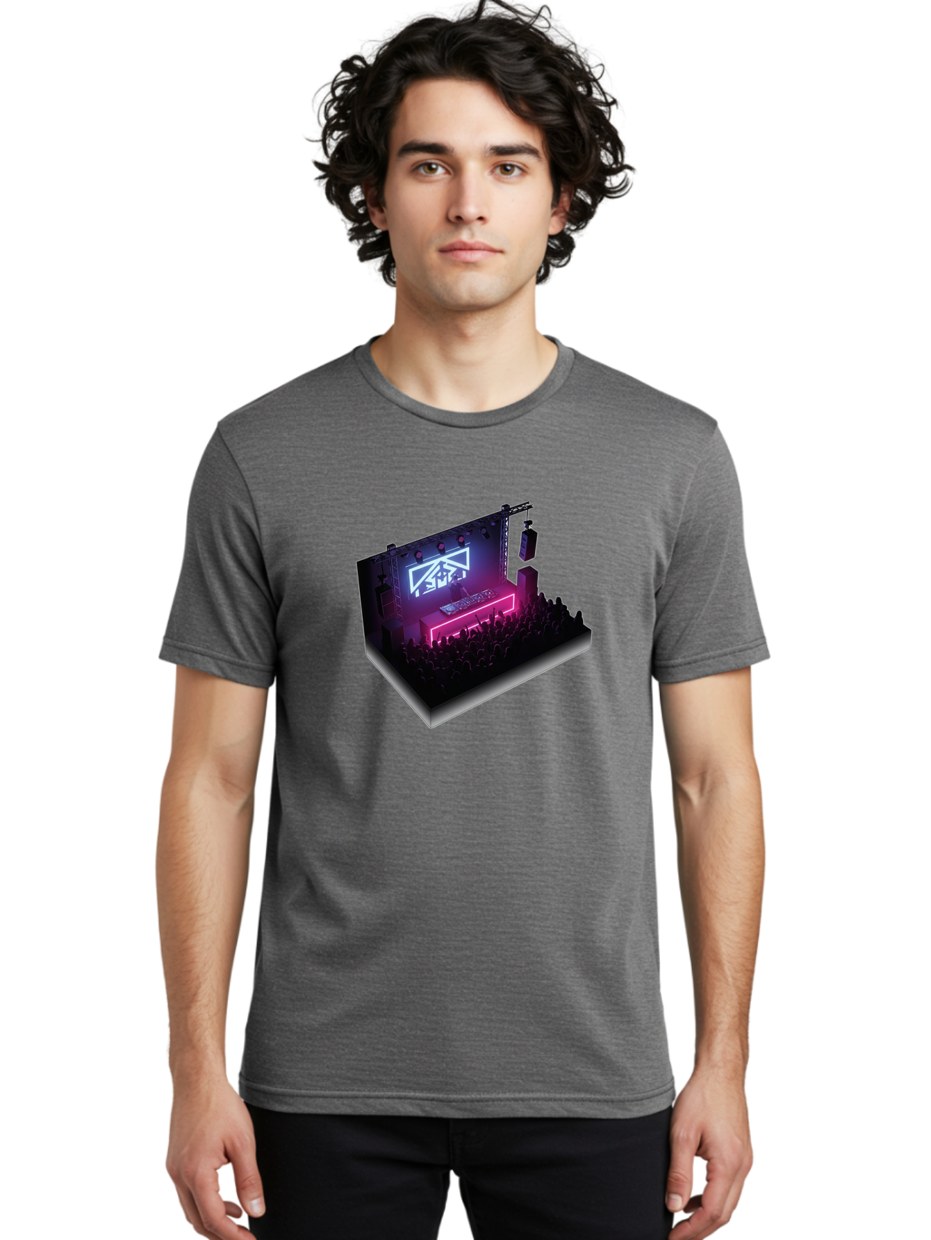 Smb-Stage Men'S Graphic Tee, 100% Cotton, Comfortable Casual Summer Wear, Machine Washable, Dj On Stage, Electronic Dance Music, 3D Graphic Design, Rave Party, Nightclub Atmosphere, Neon Lights, Futuristic Feel, Crowd Dancing, Concert Setup, Bad630