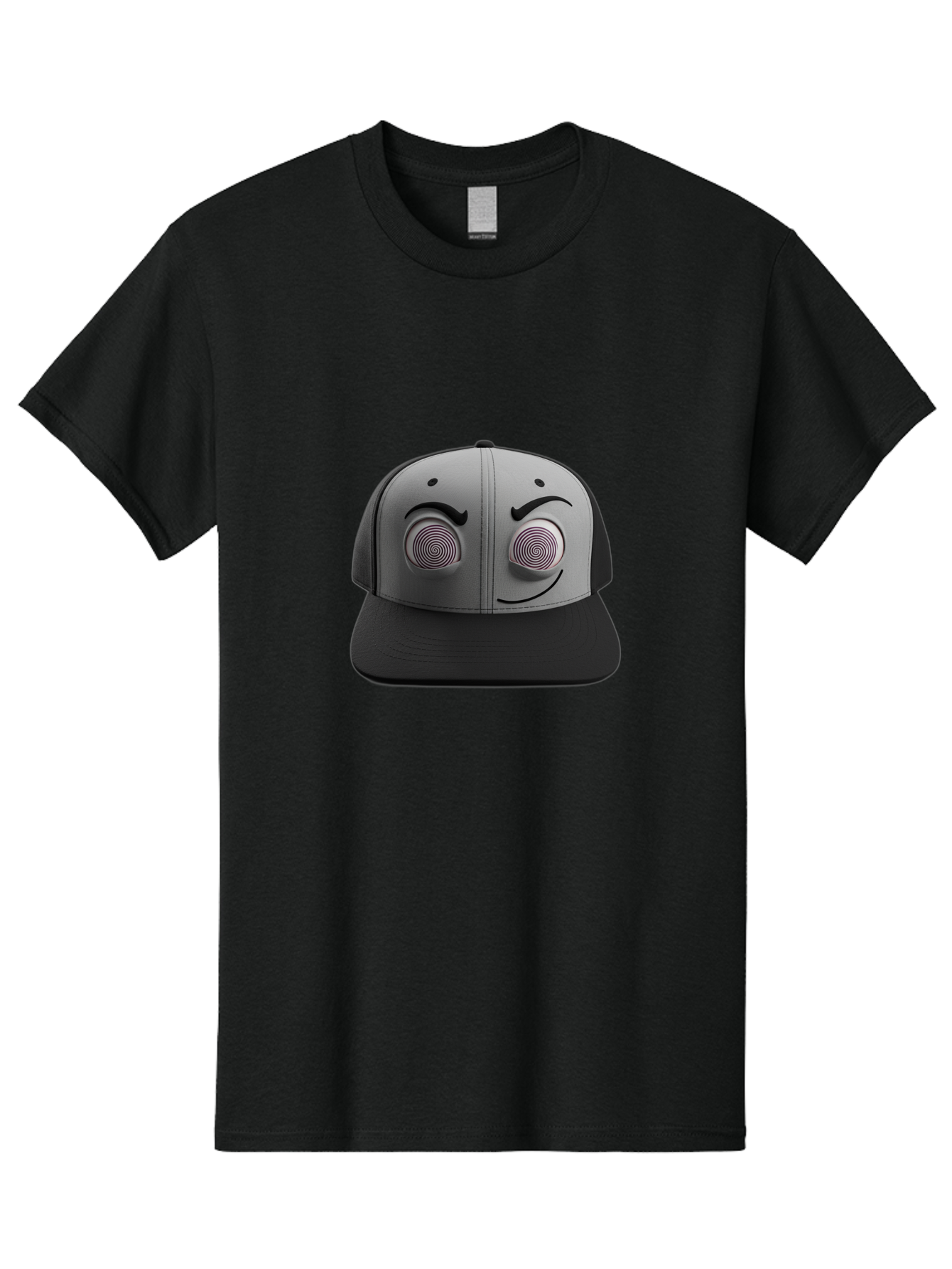 Smile-Baseball-Cap Men'S Graphic Tee, 100% Cotton, Comfortable Casual Summer Wear, Machine Washable, Baseball Cap, Face Design, Spiral Eyes, Smiling Face, Black And Grey, Unique Accessory, Fashion Statement, Streetwear Style Bad631