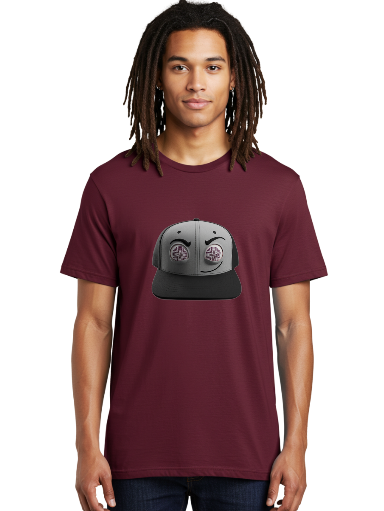 Smile-Baseball-Cap Men'S Graphic Tee, 100% Cotton, Comfortable Casual Summer Wear, Machine Washable, Baseball Cap, Face Design, Spiral Eyes, Smiling Face, Black And Grey, Unique Accessory, Fashion Statement, Streetwear Style Bad631