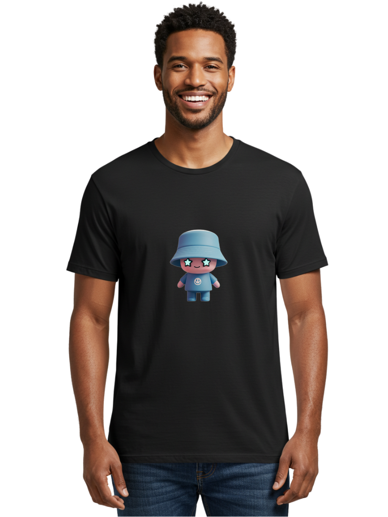 Smiley-Star-Eyes-Doll Men'S Graphic Tee, 100% Cotton, Comfortable Casual Summer Wear, Machine Washable, Kawaii Toy, Cartoon Character, Smiley Face, Bucket Hat, Blue Outfit, Star Eyes, Cute Doll, Figurine, Playful Design, Fun Toy, Smiling Face Bad633