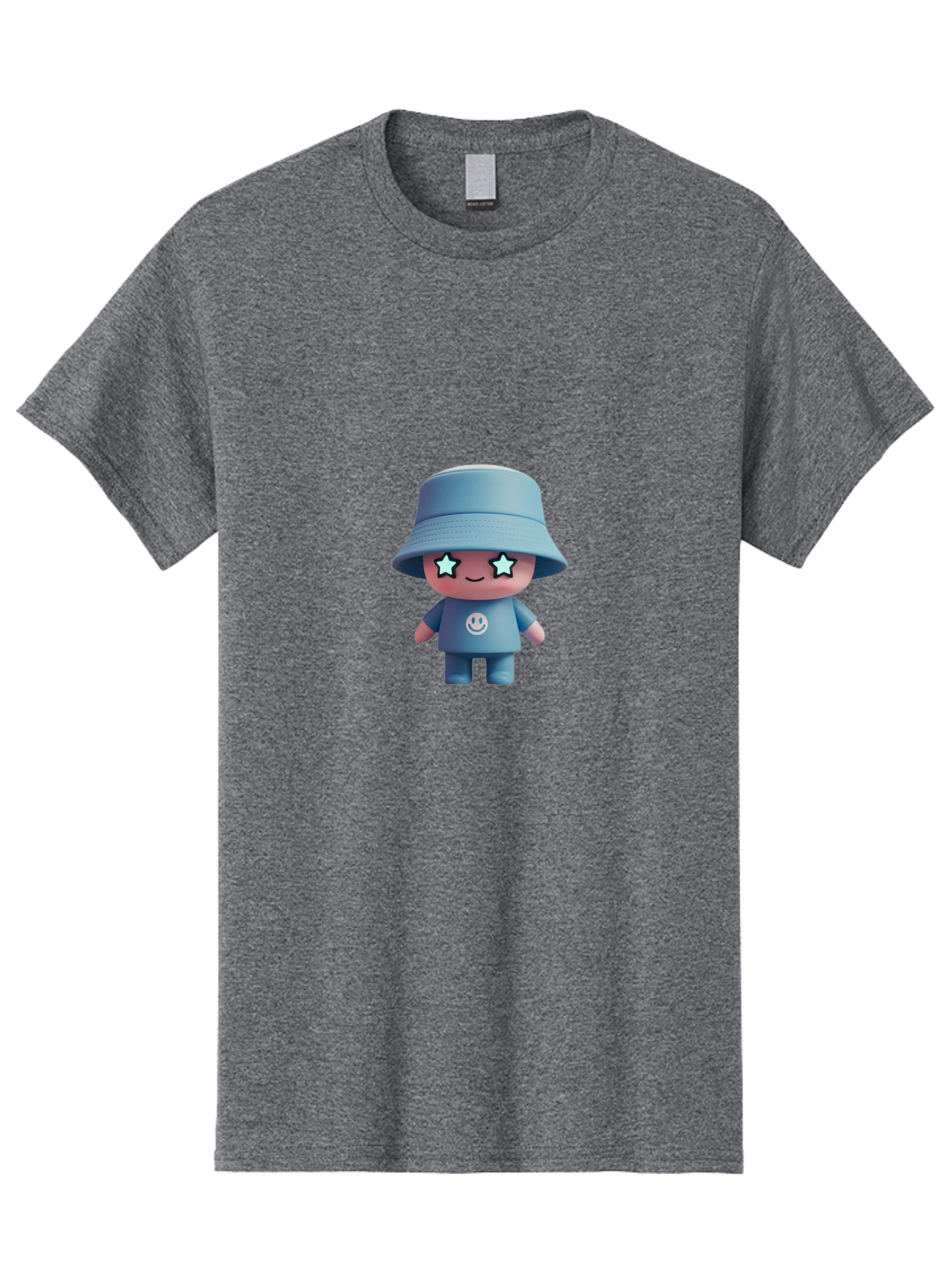 Smiley-Star-Eyes-Doll Men'S Graphic Tee, 100% Cotton, Comfortable Casual Summer Wear, Machine Washable, Kawaii Toy, Cartoon Character, Smiley Face, Bucket Hat, Blue Outfit, Star Eyes, Cute Doll, Figurine, Playful Design, Fun Toy, Smiling Face Bad633