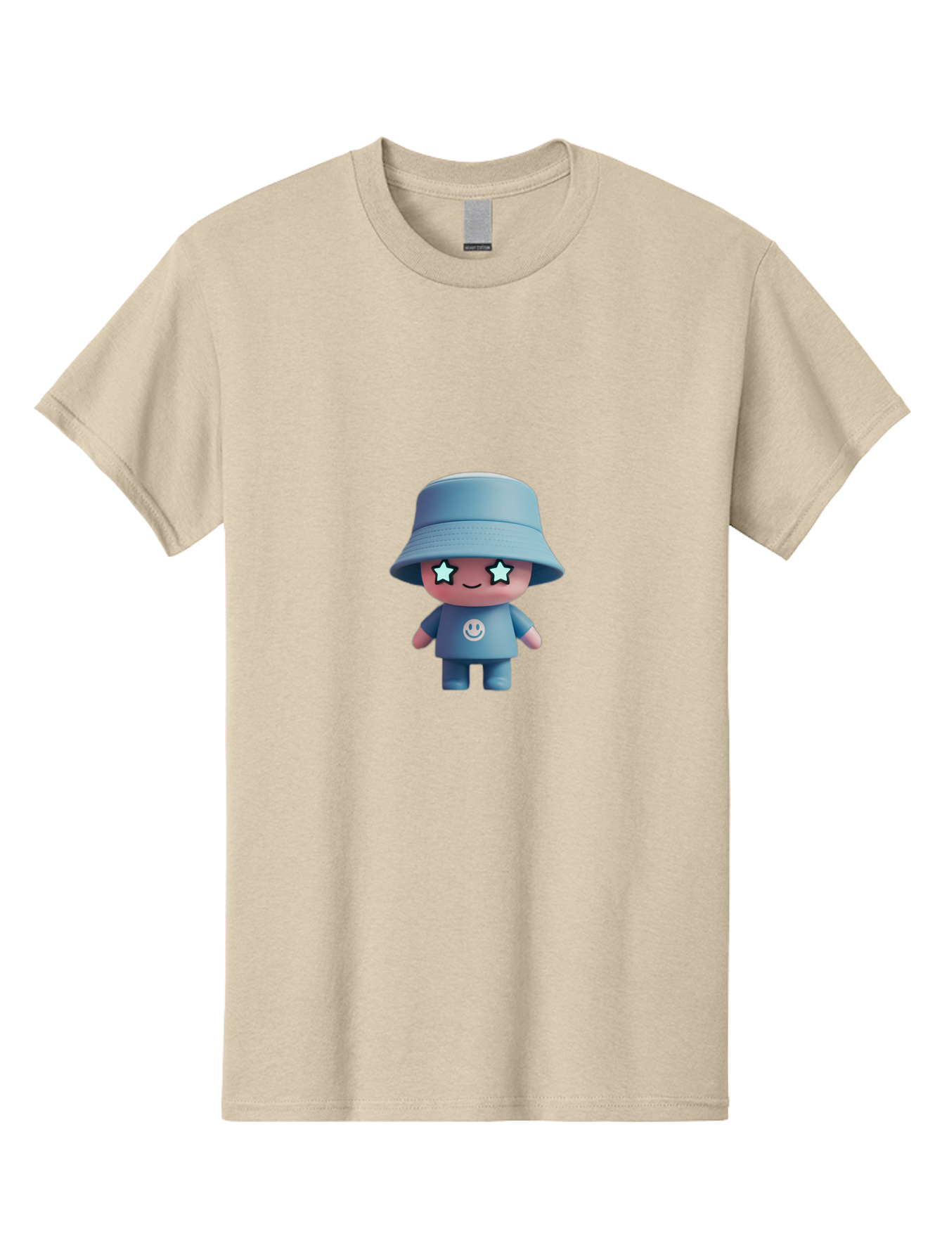 Smiley-Star-Eyes-Doll Men'S Graphic Tee, 100% Cotton, Comfortable Casual Summer Wear, Machine Washable, Kawaii Toy, Cartoon Character, Smiley Face, Bucket Hat, Blue Outfit, Star Eyes, Cute Doll, Figurine, Playful Design, Fun Toy, Smiling Face Bad633