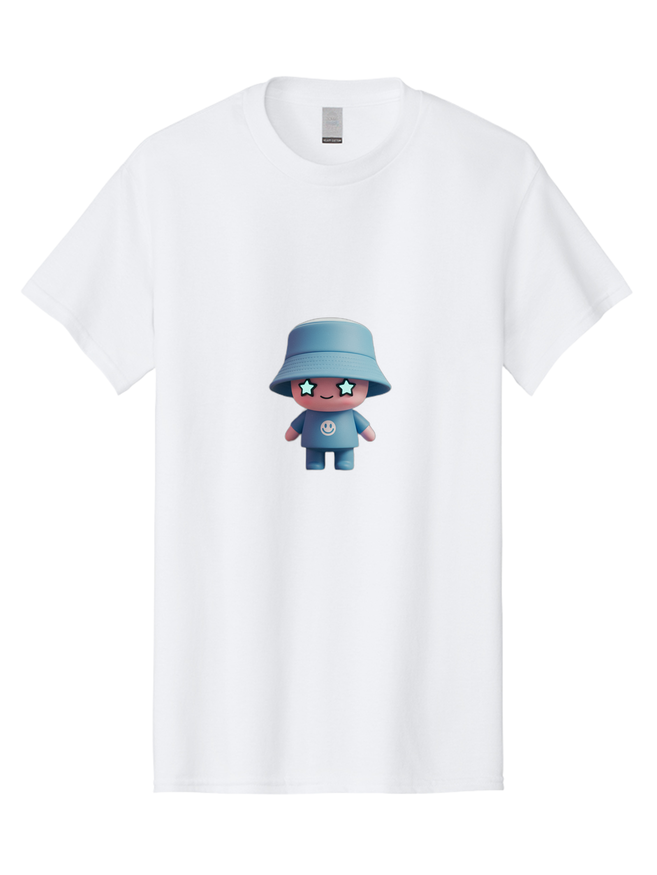 Smiley-Star-Eyes-Doll Men'S Graphic Tee, 100% Cotton, Comfortable Casual Summer Wear, Machine Washable, Kawaii Toy, Cartoon Character, Smiley Face, Bucket Hat, Blue Outfit, Star Eyes, Cute Doll, Figurine, Playful Design, Fun Toy, Smiling Face Bad633