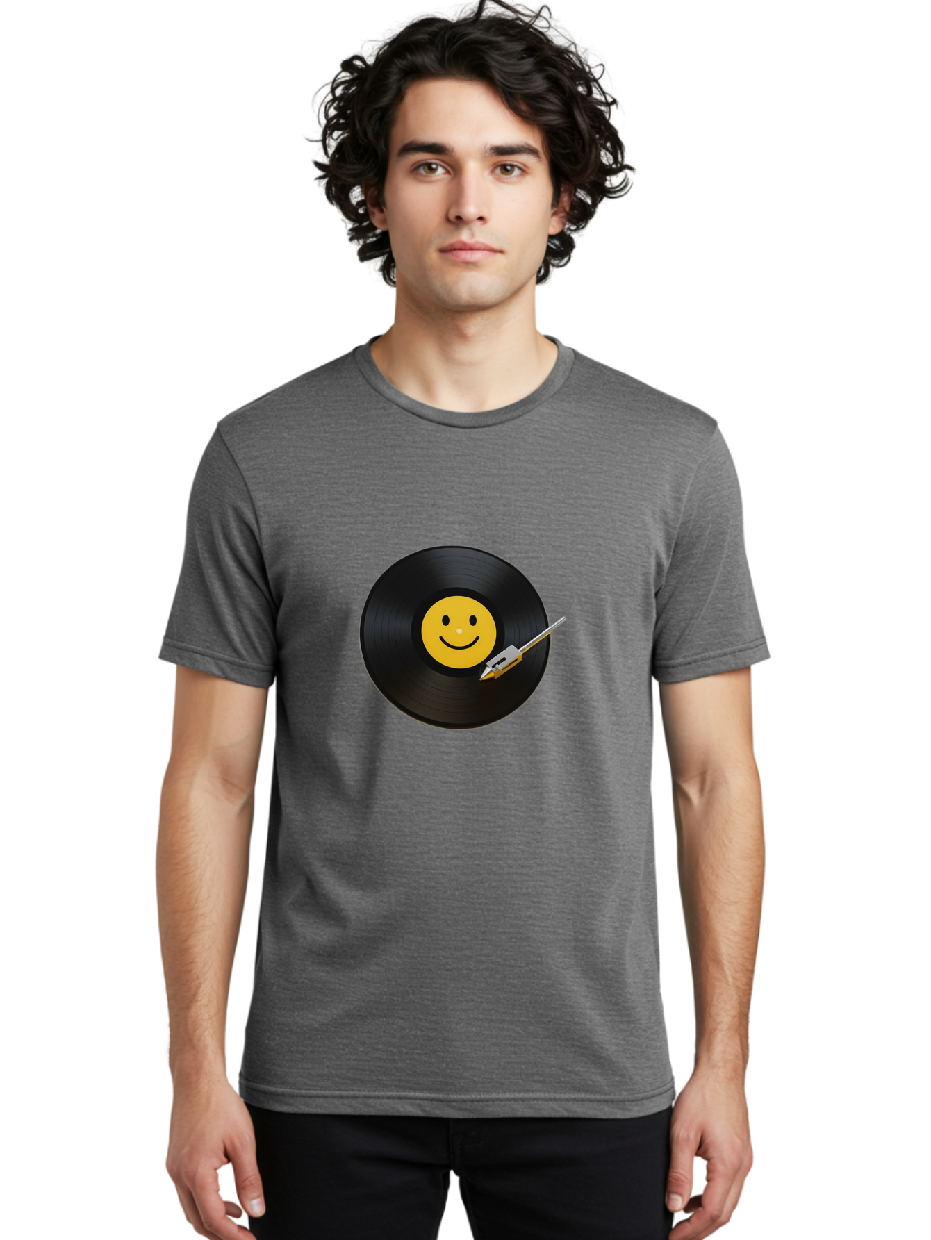 Smiley-Vinyl-Record Men'S Graphic Tee, 100% Cotton, Comfortable Casual Summer Wear, Machine Washable, Vinyl Record, Smiley Face, Music, Gramophone Needle, Retro Design, Happy Vibes, Music Lover, Record Player, Nostalgic Feel, Emoticon Bad634