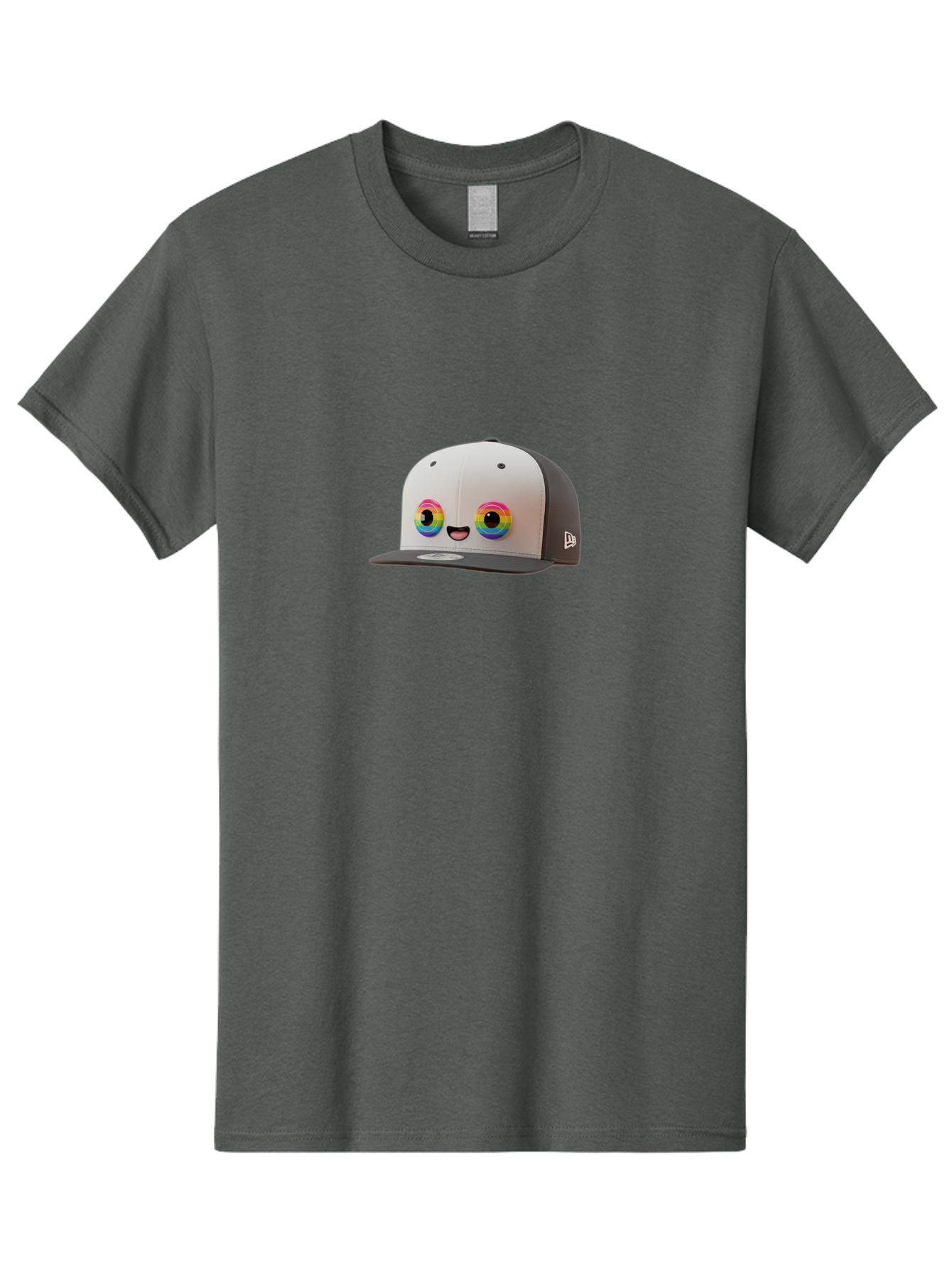 Smiling-Baseball-Cap Men'S Graphic Tee, 100% Cotton, Comfortable Casual Summer Wear, Machine Washable, Baseball Cap, Cartoon Eyes, Bright Colors, New Era Logo, Funny Face, Smiling Hat, Animated Character, Rainbow Eyes, Casual Wear, Bad635