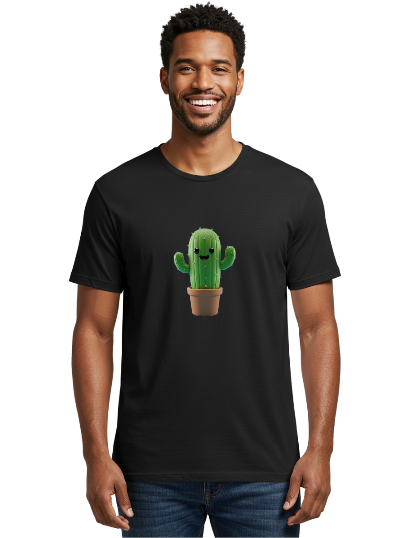 Smiling-Cactus Men'S Graphic Tee, 100% Cotton, Comfortable Casual Summer Wear, Machine Washable, Cartoon Cactus, Smiling Cactus, Potted Plant, Cute Character, Green Cactus, Happy Face, Friendly Cactus, Quirky Design Bad636