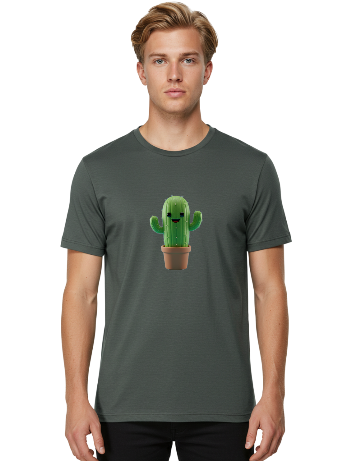 Smiling-Cactus Men'S Graphic Tee, 100% Cotton, Comfortable Casual Summer Wear, Machine Washable, Cartoon Cactus, Smiling Cactus, Potted Plant, Cute Character, Green Cactus, Happy Face, Friendly Cactus, Quirky Design Bad636
