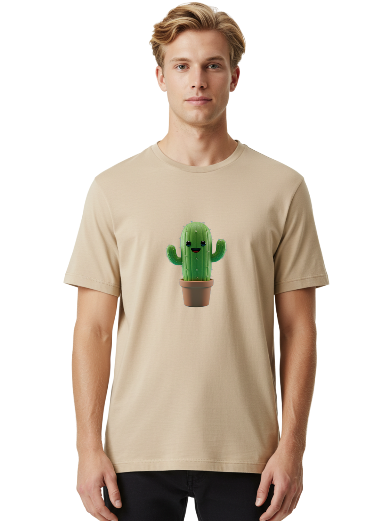 Smiling-Cactus Men'S Graphic Tee, 100% Cotton, Comfortable Casual Summer Wear, Machine Washable, Cartoon Cactus, Smiling Cactus, Potted Plant, Cute Character, Green Cactus, Happy Face, Friendly Cactus, Quirky Design Bad636