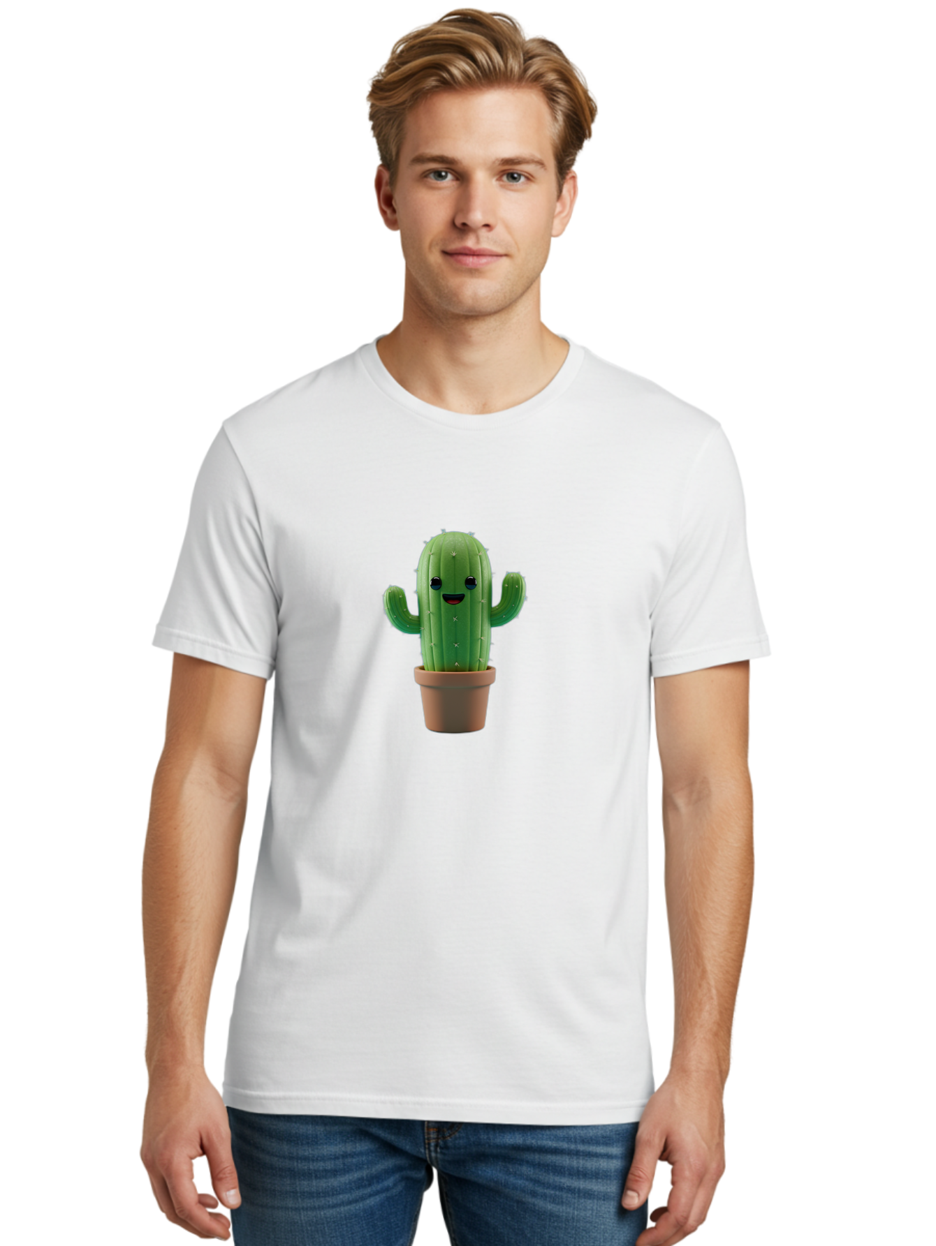 Smiling-Cactus Men'S Graphic Tee, 100% Cotton, Comfortable Casual Summer Wear, Machine Washable, Cartoon Cactus, Smiling Cactus, Potted Plant, Cute Character, Green Cactus, Happy Face, Friendly Cactus, Quirky Design Bad636