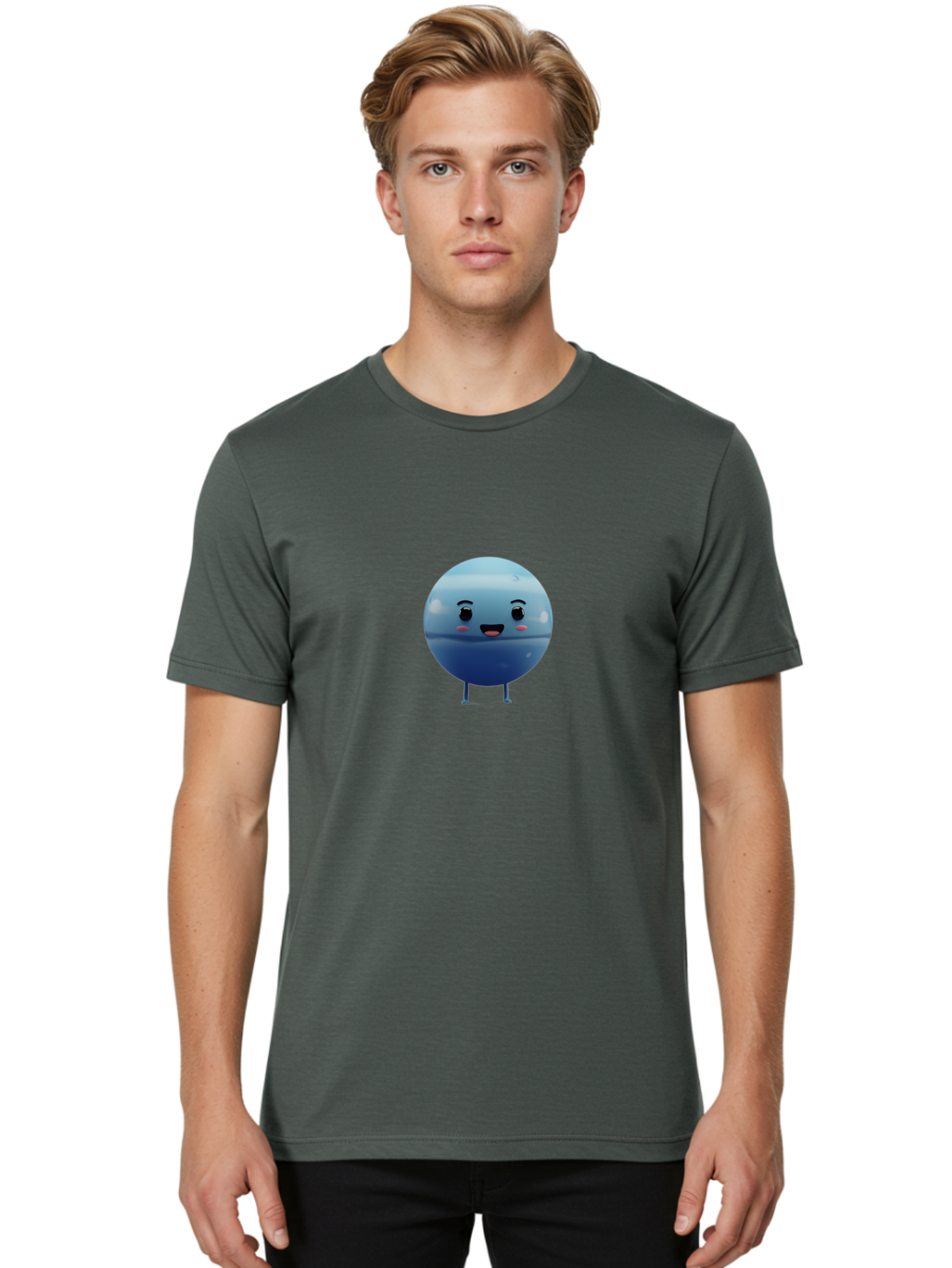 Smiling-Earth Men'S Graphic Tee, 100% Cotton, Comfortable Casual Summer Wear, Machine Washable, Water Droplet Character, Cute Cartoon Illustration, Blue Water Droplet, Happy Face, Rosy Cheeks, Funny Animation, Playful Vibe, Smiling Water Drop Bad637