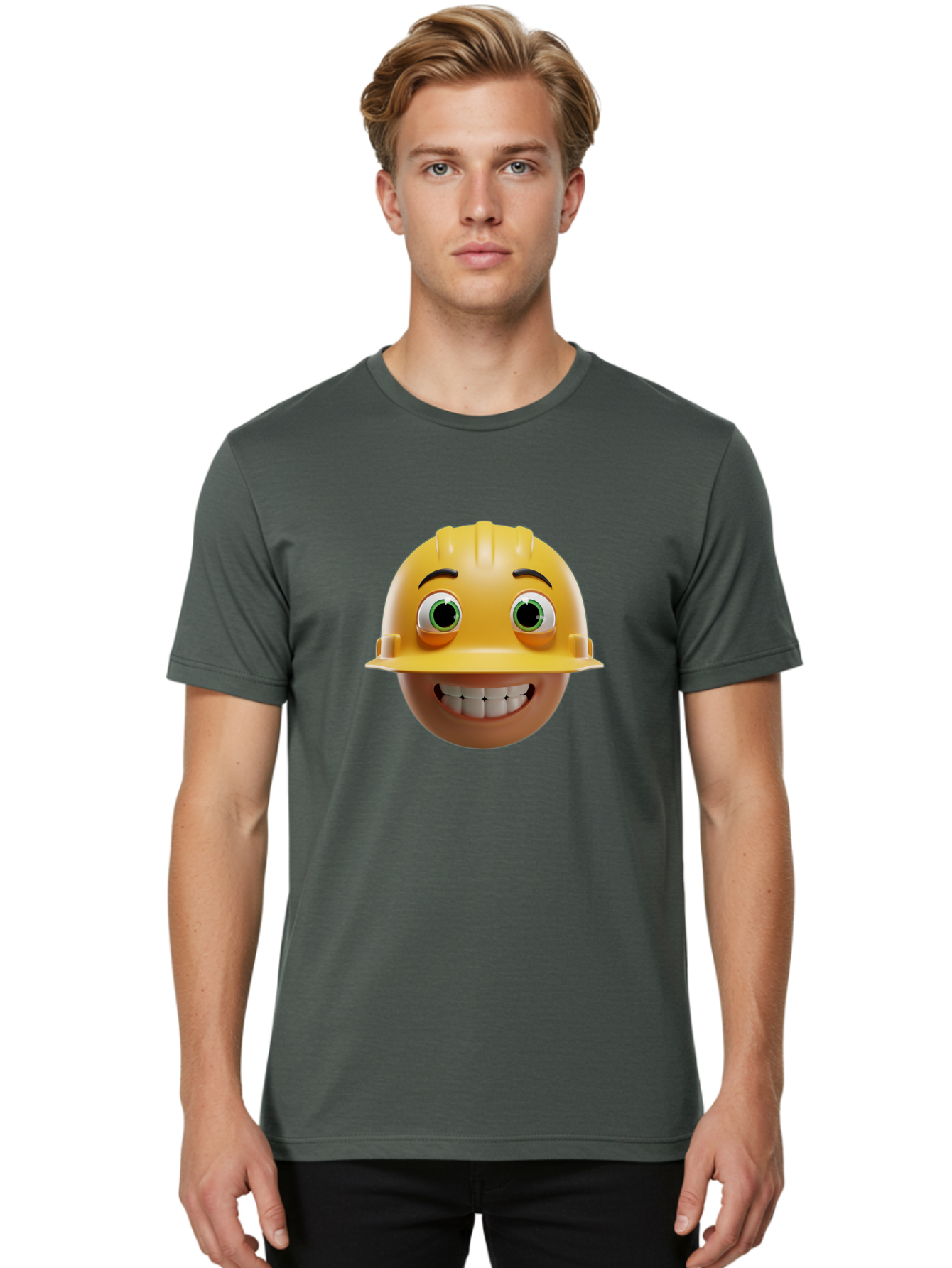 Smiling-Face-With-Hard-Hat Men'S Graphic Tee, 100% Cotton, Comfortable Casual Summer Wear, Machine Washable, Construction Worker, Happy Face, Yellow Hard Hat, Emoji Character, Cartoon Style, Funny Expression, Big Smile, Construction Theme, Bad638