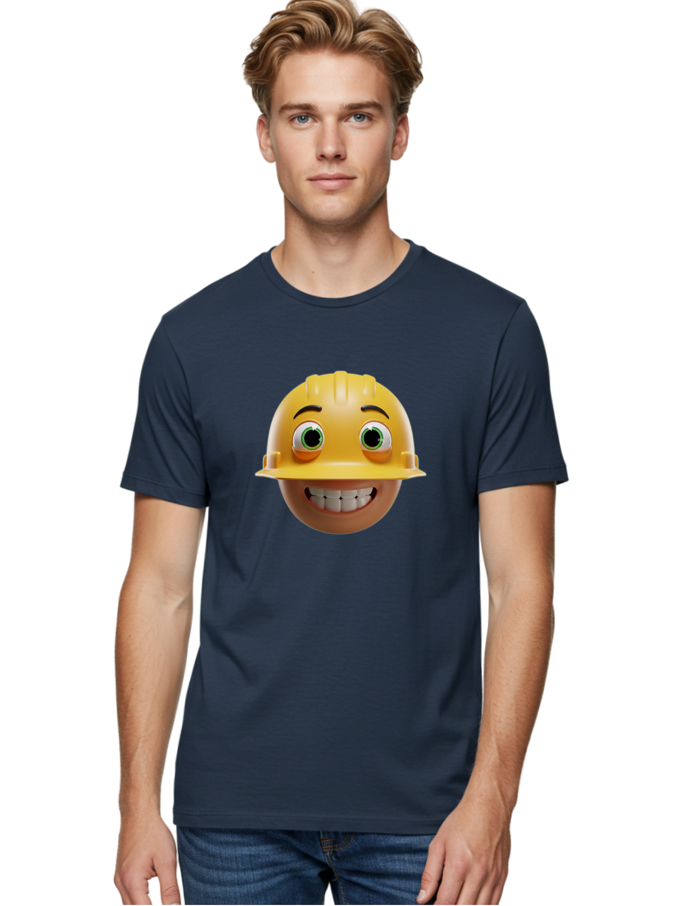 Smiling-Face-With-Hard-Hat Men'S Graphic Tee, 100% Cotton, Comfortable Casual Summer Wear, Machine Washable, Construction Worker, Happy Face, Yellow Hard Hat, Emoji Character, Cartoon Style, Funny Expression, Big Smile, Construction Theme, Bad638