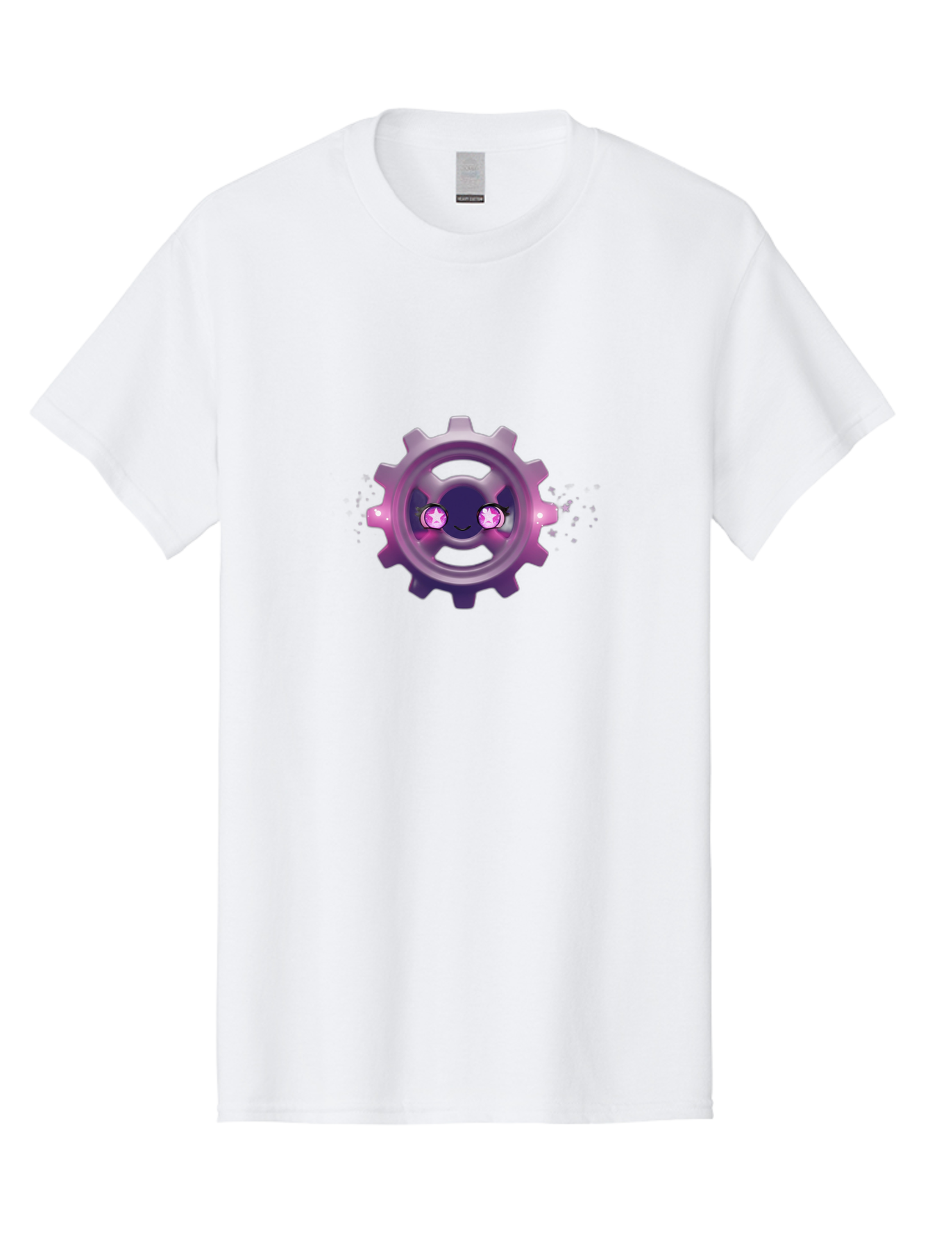 Smiling-Gear-1 Men'S Graphic Tee, 100% Cotton, Comfortable Casual Summer Wear, Machine Washable, Cartoon Gear, Smiling Face, Pink Eyes, Purple Hue, Mechanical Character, Robotic Smile, Whimsical Design, Fantastical Machinery, Bad639
