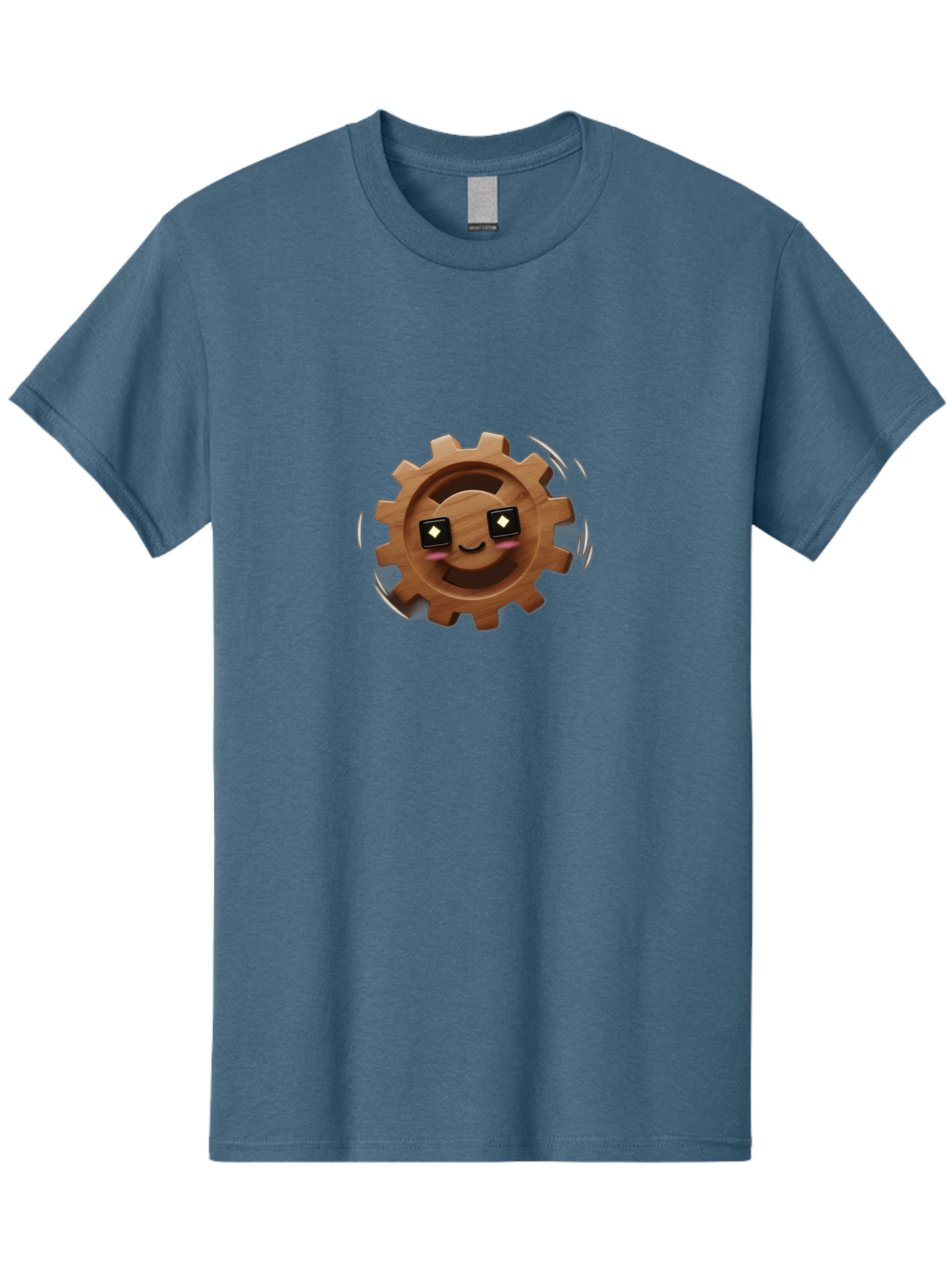 Smiling-Gear Men'S Graphic Tee, 100% Cotton, Comfortable Casual Summer Wear, Machine Washable, Wooden Gear Character, Smiling Face, Diamond Eyes, Dynamic Motion, Cartoon Style, Playful Mechanism, Machinery Personification, Tech-Inspired Art Bad640