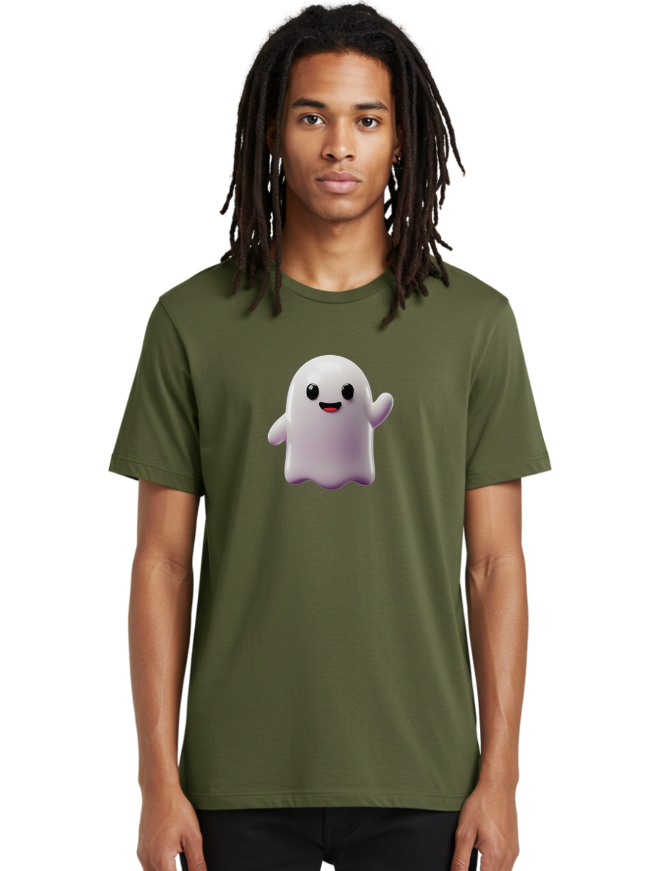 Smiling-Ghost-1 Men'S Graphic Tee, 100% Cotton, Comfortable Casual Summer Wear, Machine Washable, Cartoon Ghost, White Character, Smiling Face, Black Eyes, Little Arms, Cute Emoji, Digital Illustration, Friendly Spirit, 3D Rendering, Bad641