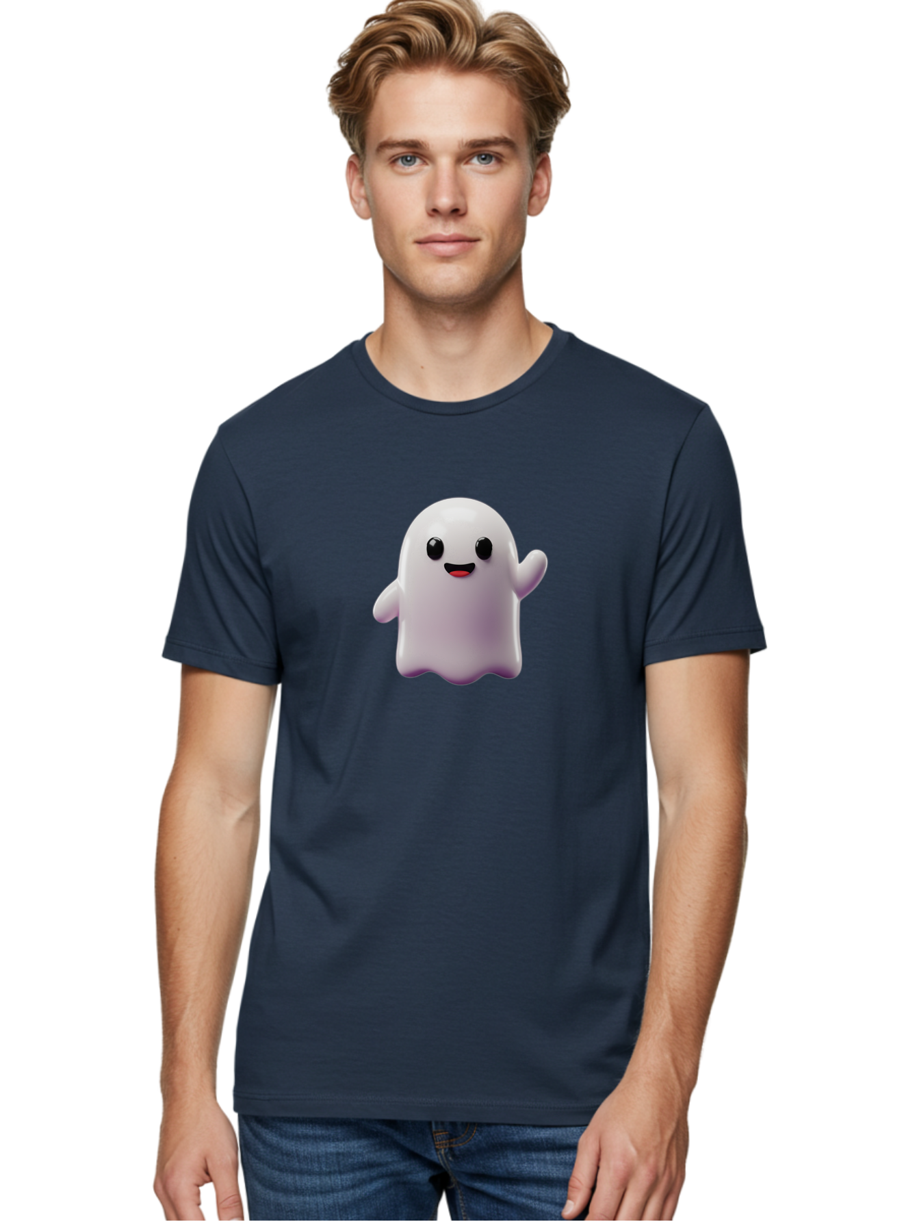 Smiling-Ghost-1 Men'S Graphic Tee, 100% Cotton, Comfortable Casual Summer Wear, Machine Washable, Cartoon Ghost, White Character, Smiling Face, Black Eyes, Little Arms, Cute Emoji, Digital Illustration, Friendly Spirit, 3D Rendering, Bad641