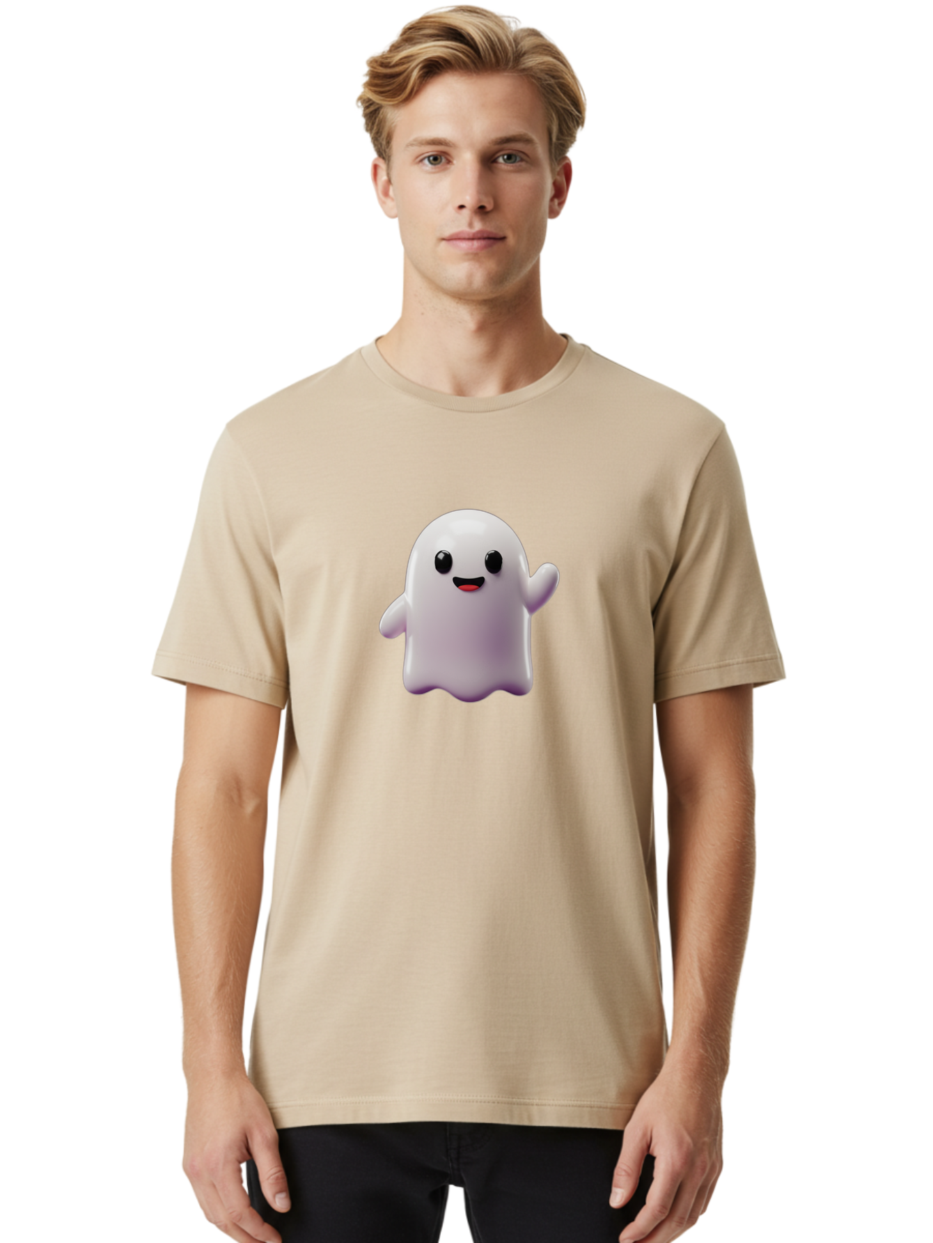 Smiling-Ghost-1 Men'S Graphic Tee, 100% Cotton, Comfortable Casual Summer Wear, Machine Washable, Cartoon Ghost, White Character, Smiling Face, Black Eyes, Little Arms, Cute Emoji, Digital Illustration, Friendly Spirit, 3D Rendering, Bad641