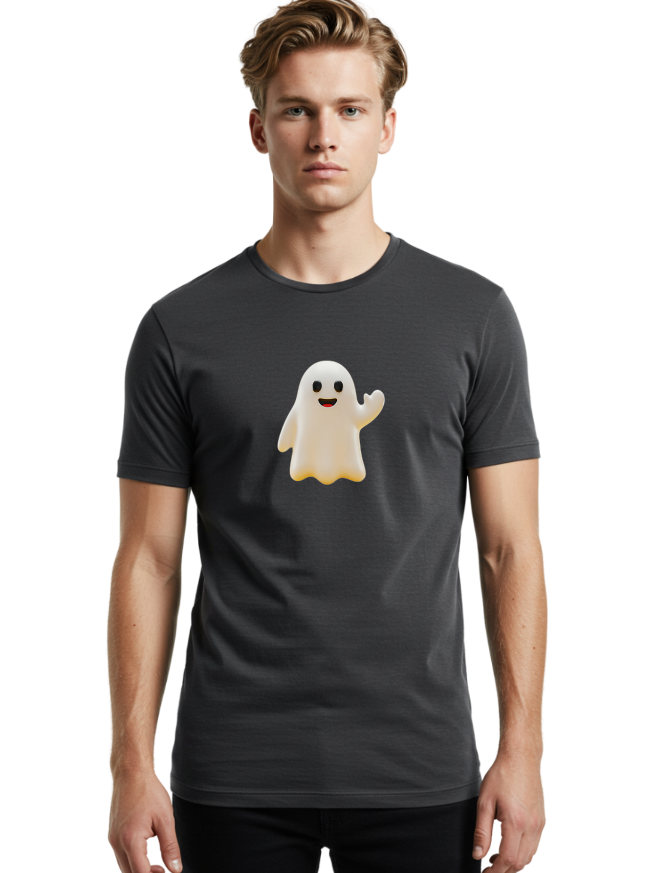 Smiling-Ghost Men'S Graphic Tee, 100% Cotton, Comfortable Casual Summer Wear, Machine Washable, Happy Ghost, Cartoon Ghost, Friendly Spirit, Smiling Face, Waving Ghost, Cartoon Character, Halloween Icon, Ghostly Figure, Cute Ghost Bad642