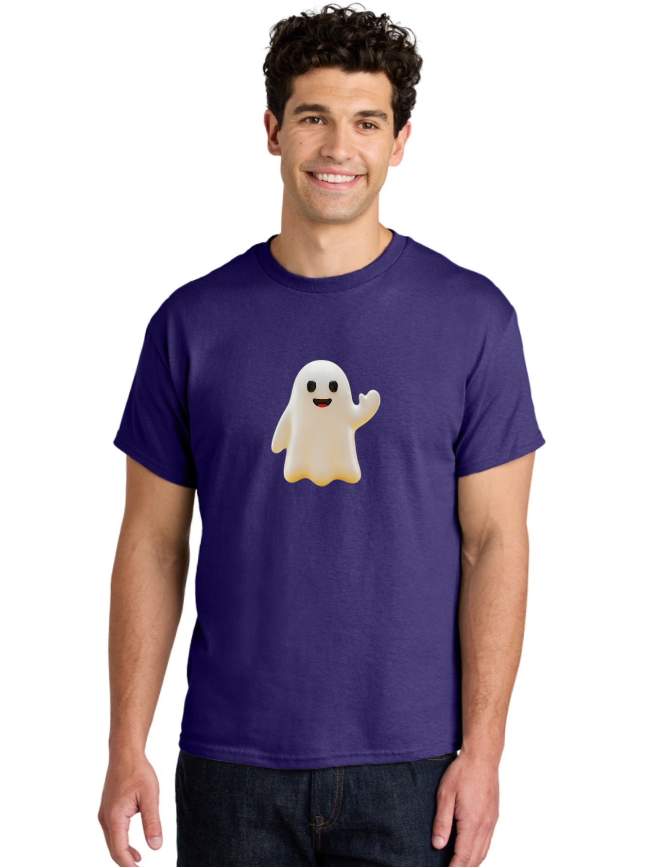 Smiling-Ghost Men'S Graphic Tee, 100% Cotton, Comfortable Casual Summer Wear, Machine Washable, Happy Ghost, Cartoon Ghost, Friendly Spirit, Smiling Face, Waving Ghost, Cartoon Character, Halloween Icon, Ghostly Figure, Cute Ghost Bad642
