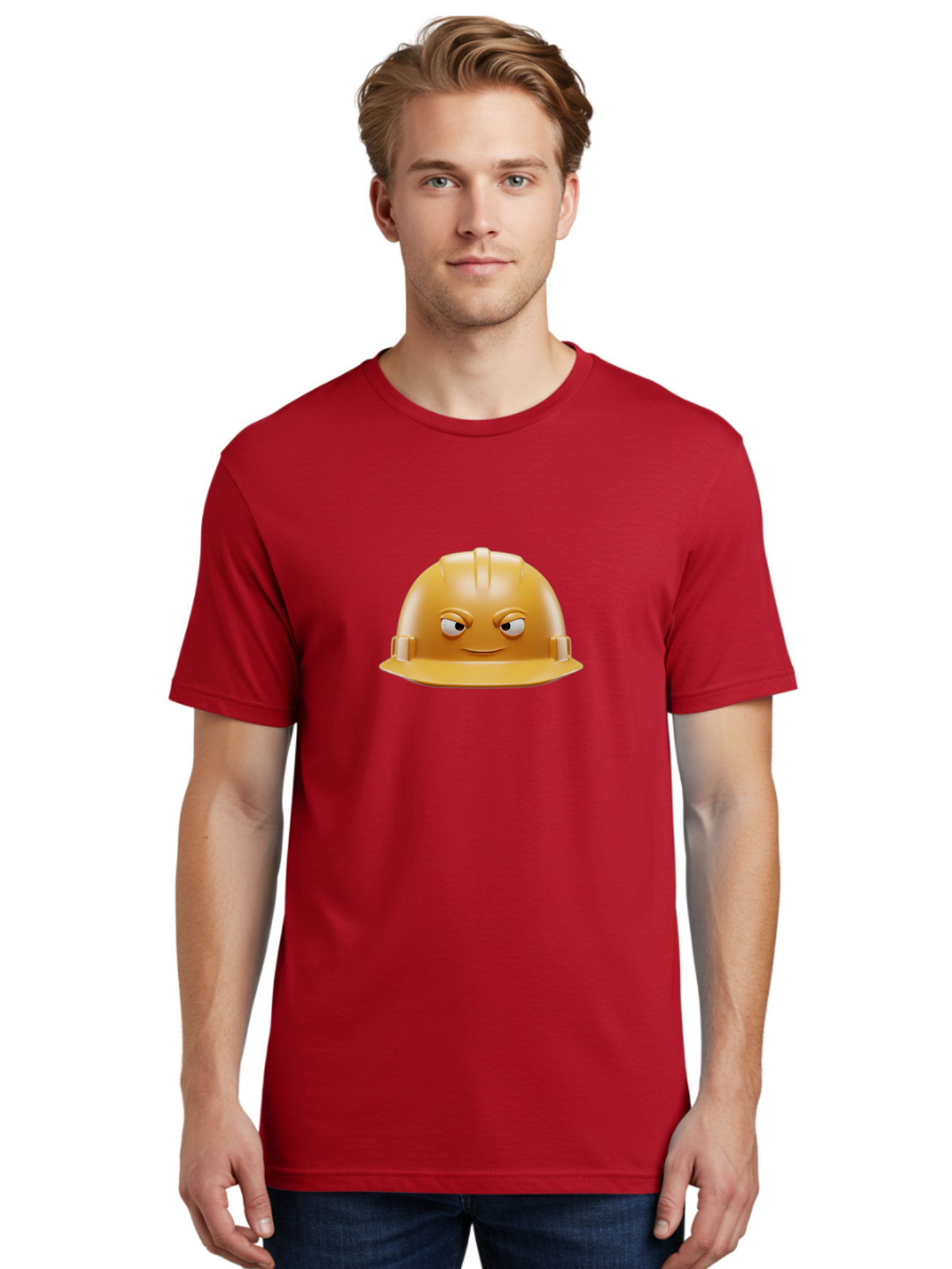 Smiling-Hard-Hat-1 Men'S Graphic Tee, 100% Cotton, Comfortable Casual Summer Wear, Machine Washable, Construction Hard Hat, Safety Helmet, Cartoon Character, Funny Face, Smiling Eyes, Building Industry, Workplace Safety, Security Gear, Bad643