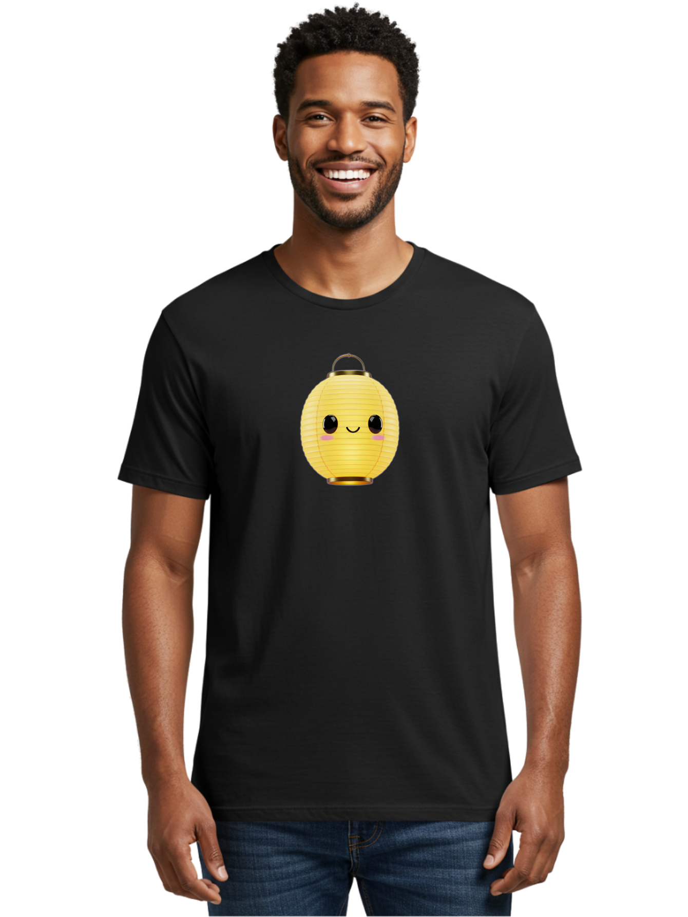 Smiling-Lantern Men'S Graphic Tee, 100% Cotton, Comfortable Casual Summer Wear, Machine Washable, Yellow Paper Lantern, Smiling Face, Cute Expression, Rosy Cheeks, Black Eyes, Gold Cap, Kawaii Design, Japanese Lantern, Festival Decoration Bad646