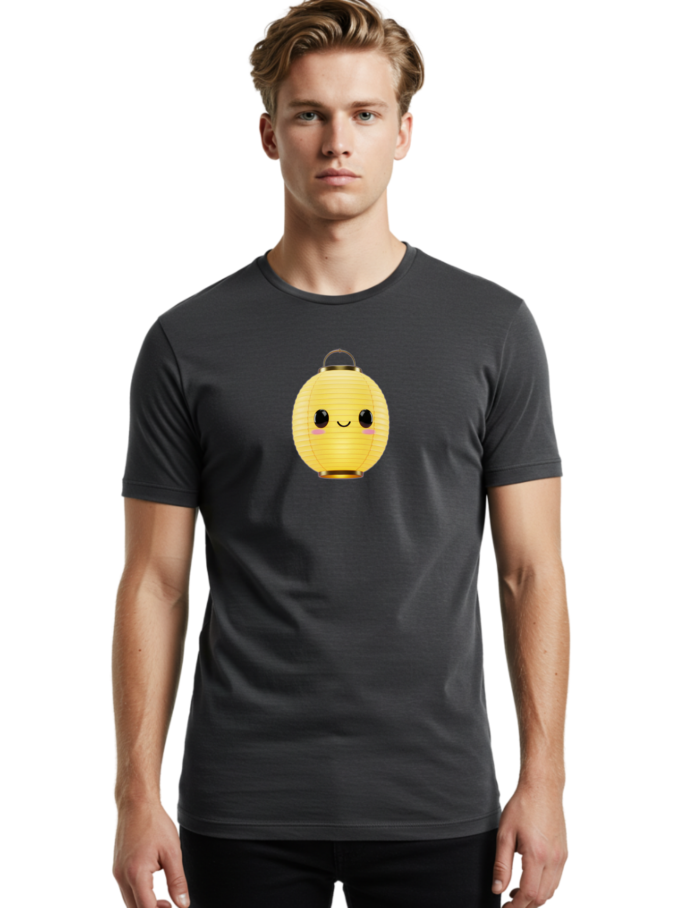 Smiling-Lantern Men'S Graphic Tee, 100% Cotton, Comfortable Casual Summer Wear, Machine Washable, Yellow Paper Lantern, Smiling Face, Cute Expression, Rosy Cheeks, Black Eyes, Gold Cap, Kawaii Design, Japanese Lantern, Festival Decoration Bad646