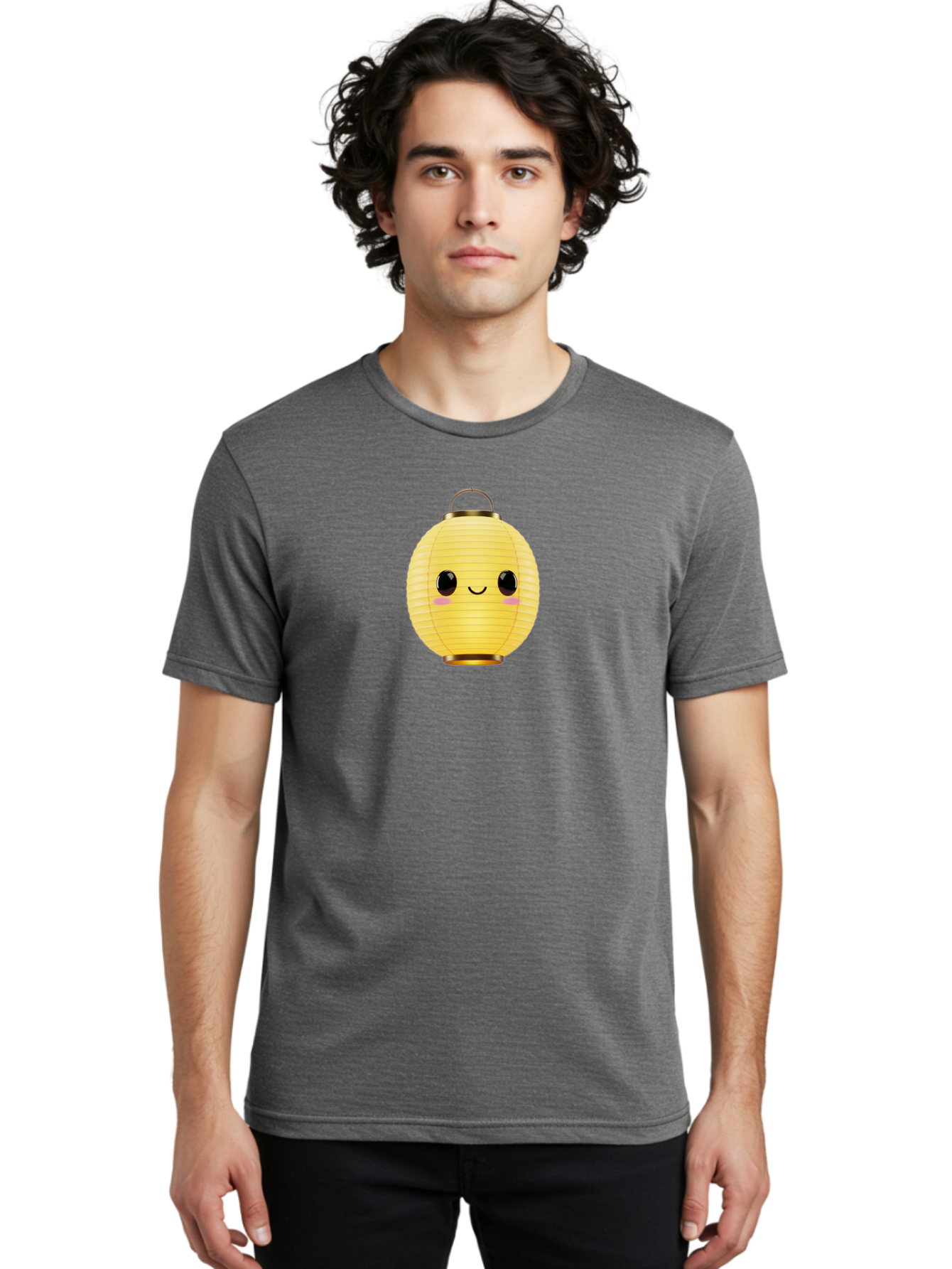Smiling-Lantern Men'S Graphic Tee, 100% Cotton, Comfortable Casual Summer Wear, Machine Washable, Yellow Paper Lantern, Smiling Face, Cute Expression, Rosy Cheeks, Black Eyes, Gold Cap, Kawaii Design, Japanese Lantern, Festival Decoration Bad646