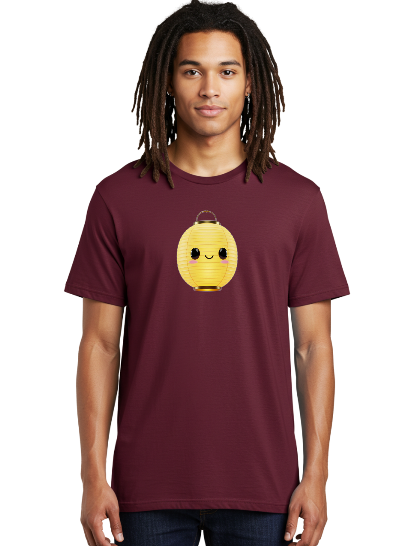 Smiling-Lantern Men'S Graphic Tee, 100% Cotton, Comfortable Casual Summer Wear, Machine Washable, Yellow Paper Lantern, Smiling Face, Cute Expression, Rosy Cheeks, Black Eyes, Gold Cap, Kawaii Design, Japanese Lantern, Festival Decoration Bad646