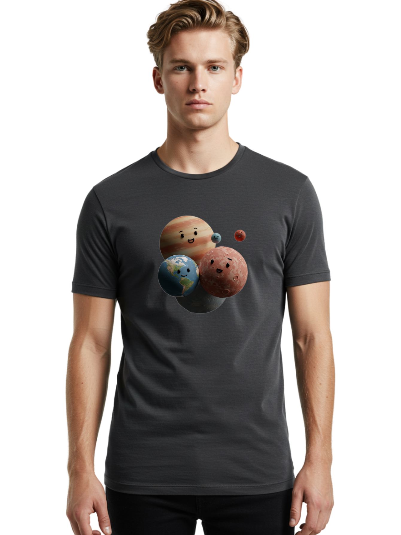 Smiling-Planets Men'S Graphic Tee, 100% Cotton, Comfortable Casual Summer Wear, Machine Washable, Cartoon Planets, Smiling Faces, Jupiter, Earth, Mars, Space, Solar System, Astronomy, Celestial Bodies, Fantasy, Illustration Bad647