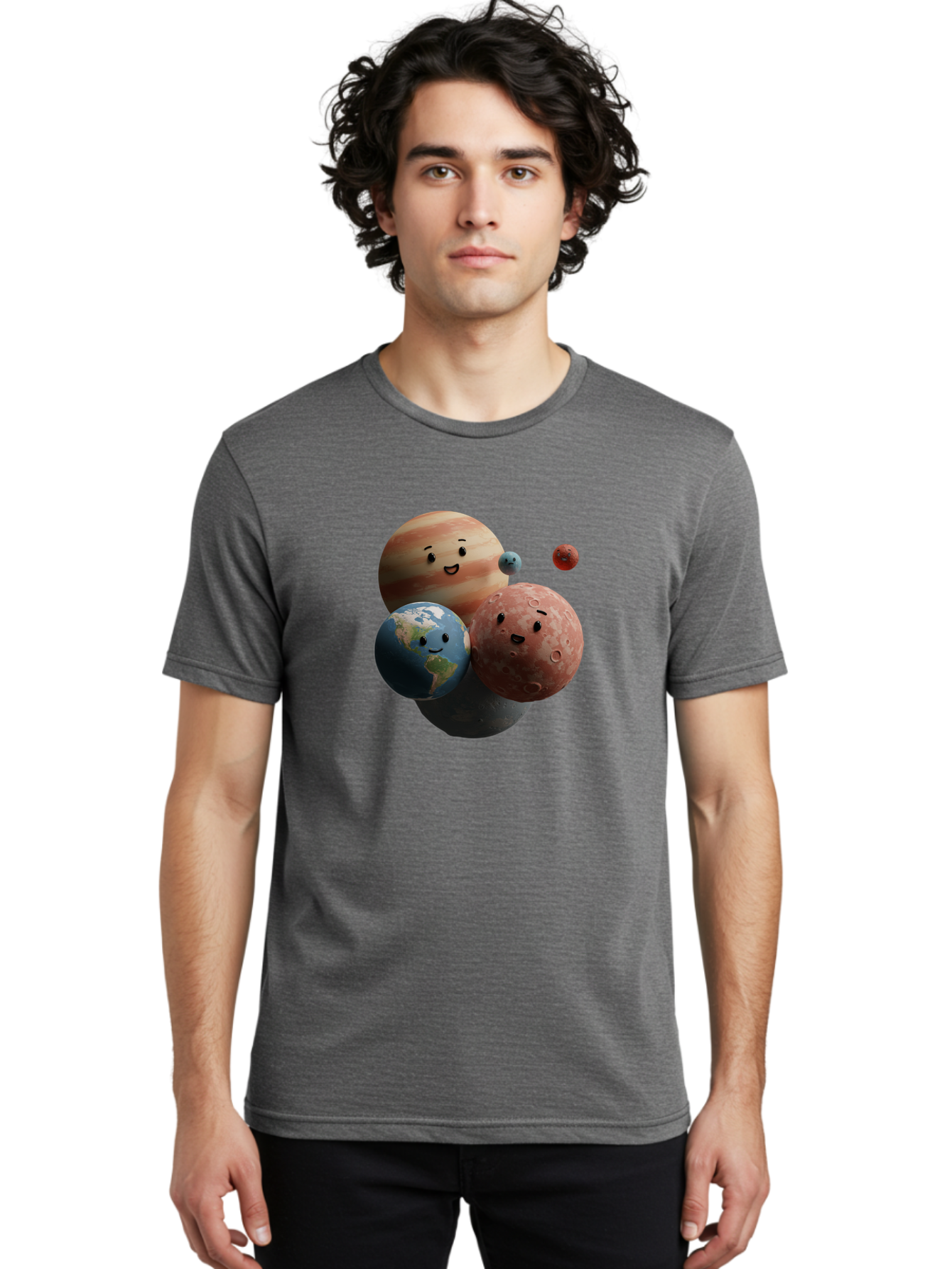 Smiling-Planets Men'S Graphic Tee, 100% Cotton, Comfortable Casual Summer Wear, Machine Washable, Cartoon Planets, Smiling Faces, Jupiter, Earth, Mars, Space, Solar System, Astronomy, Celestial Bodies, Fantasy, Illustration Bad647