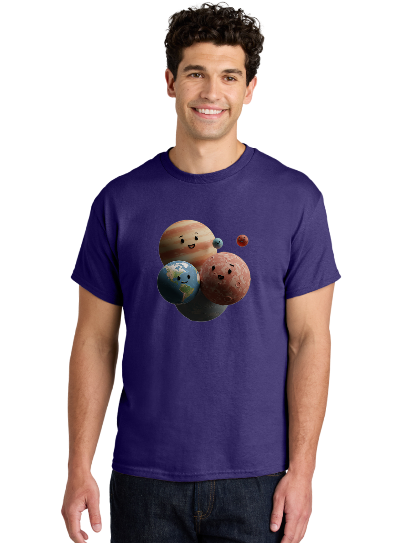 Smiling-Planets Men'S Graphic Tee, 100% Cotton, Comfortable Casual Summer Wear, Machine Washable, Cartoon Planets, Smiling Faces, Jupiter, Earth, Mars, Space, Solar System, Astronomy, Celestial Bodies, Fantasy, Illustration Bad647
