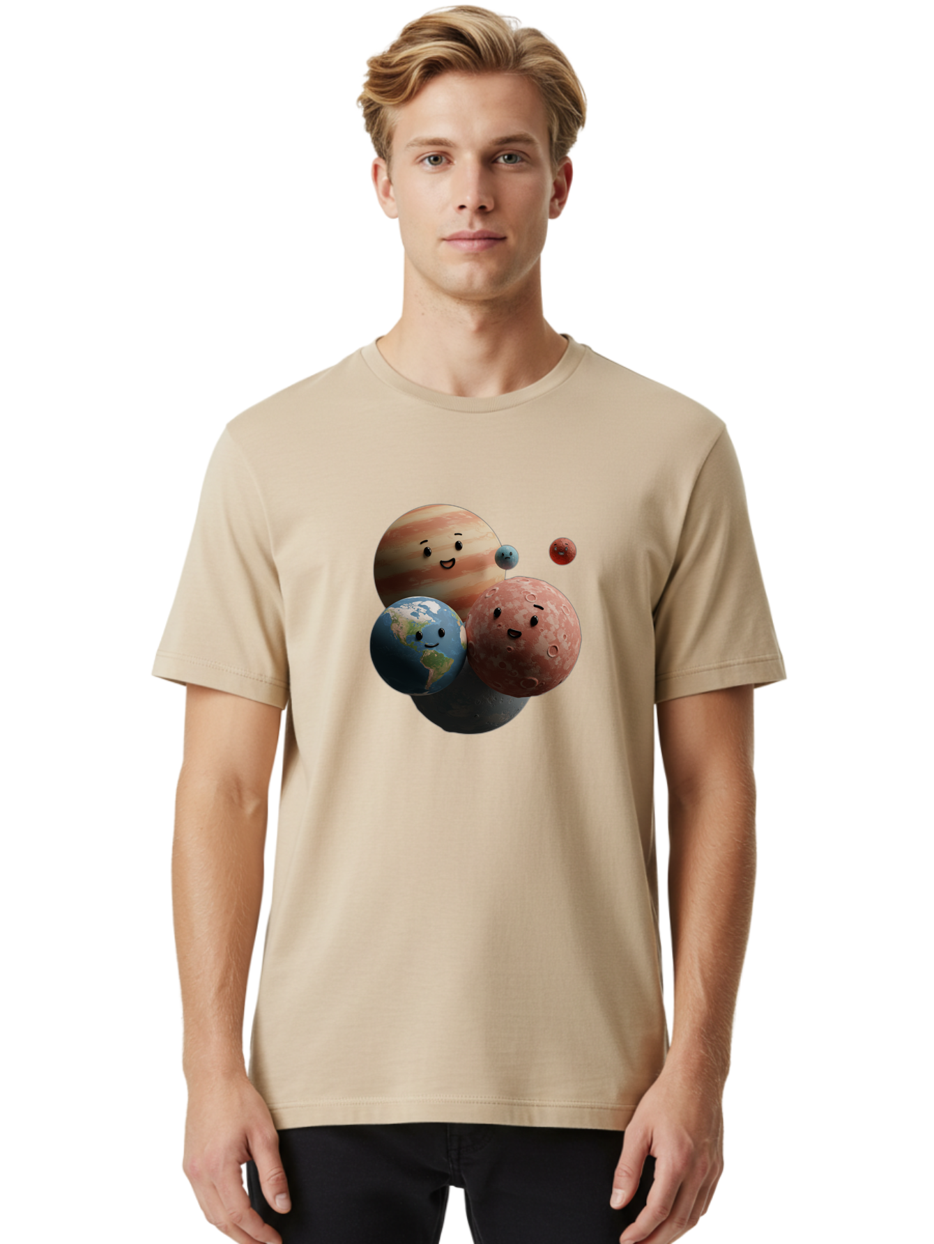 Smiling-Planets Men'S Graphic Tee, 100% Cotton, Comfortable Casual Summer Wear, Machine Washable, Cartoon Planets, Smiling Faces, Jupiter, Earth, Mars, Space, Solar System, Astronomy, Celestial Bodies, Fantasy, Illustration Bad647
