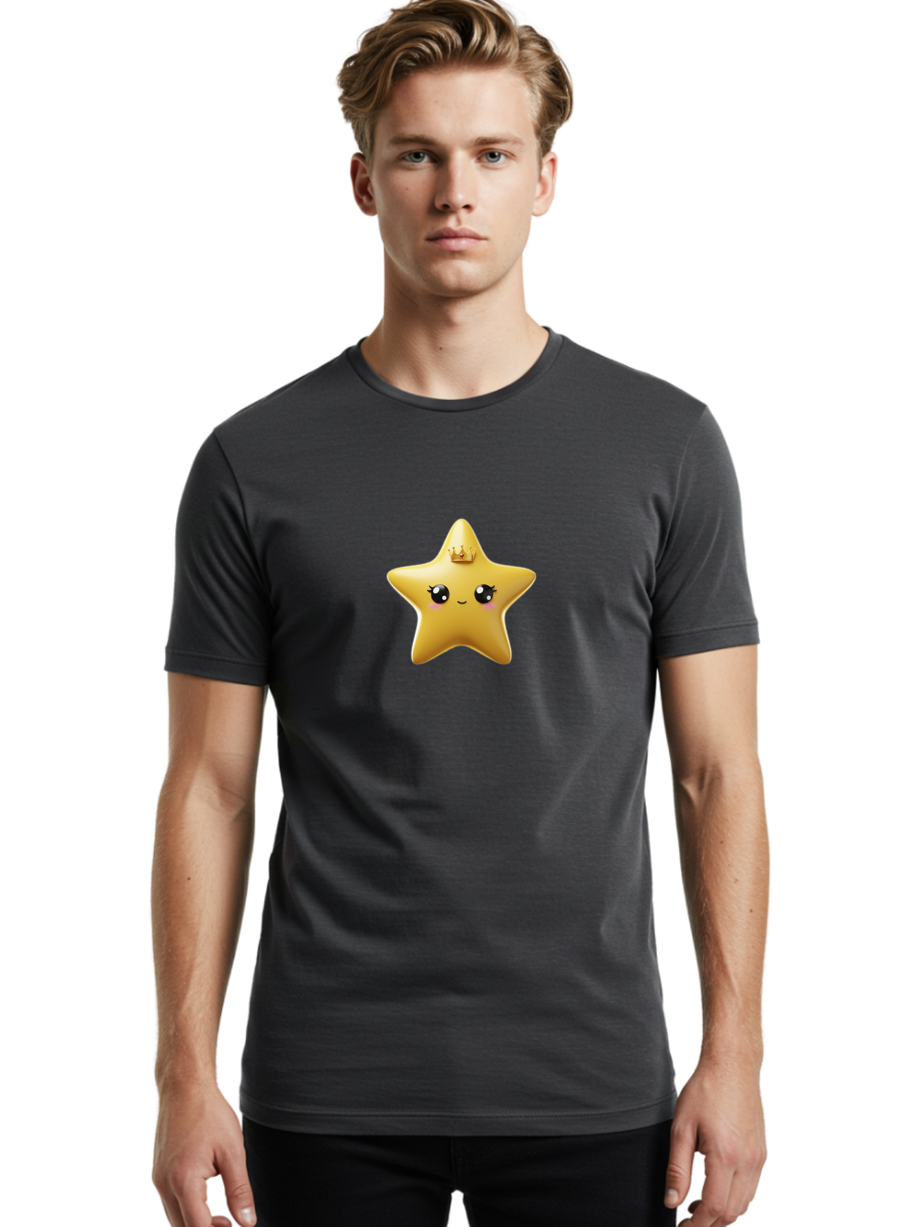 Smiling-Star-With-Crown Men'S Graphic Tee, 100% Cotton, Comfortable Casual Summer Wear, Machine Washable, Smiling Star, Gold Crown, Cartoon Character, Kawaii, Cute Eyes, Rosy Cheeks, Shiny Star, Magical Symbol, Mystical Bad648