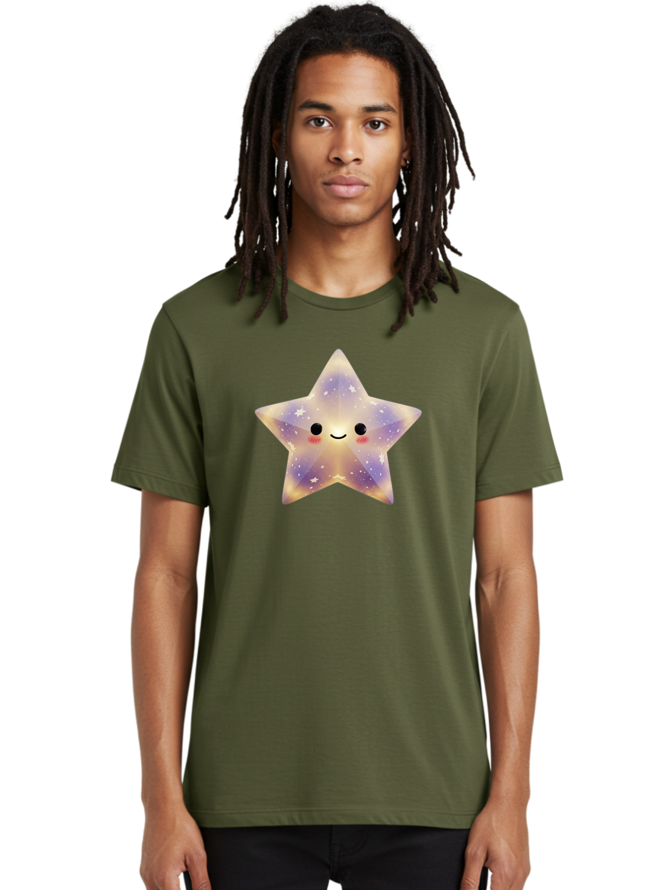 Smiling-Star Men'S Graphic Tee, 100% Cotton, Comfortable Casual Summer Wear, Machine Washable, Smiling Face, Cute Star, Kawaii Character, Cartoon Star, Galaxy-Inspired Design, Pastel Colors, Rosy Cheeks, Friendly Expression, Bad649