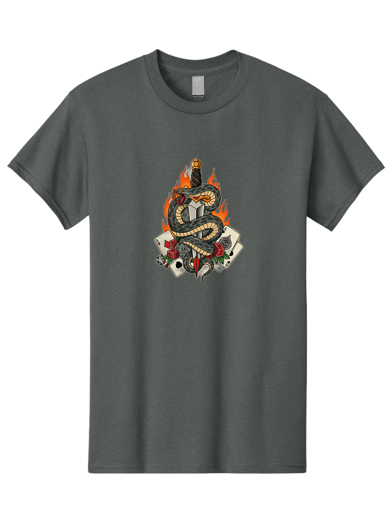 Snake-Dagger-Tattoo Men'S Graphic Tee, 100% Cotton, Comfortable Casual Summer Wear, Machine Washable, Snake Wrapped Dagger, Playing Cards, Red Dice, Skull, Flames, Tattoo Art, Traditional Tattoo, Bold Lines, Vibrant Colors, Dagger With Snake, Bad651