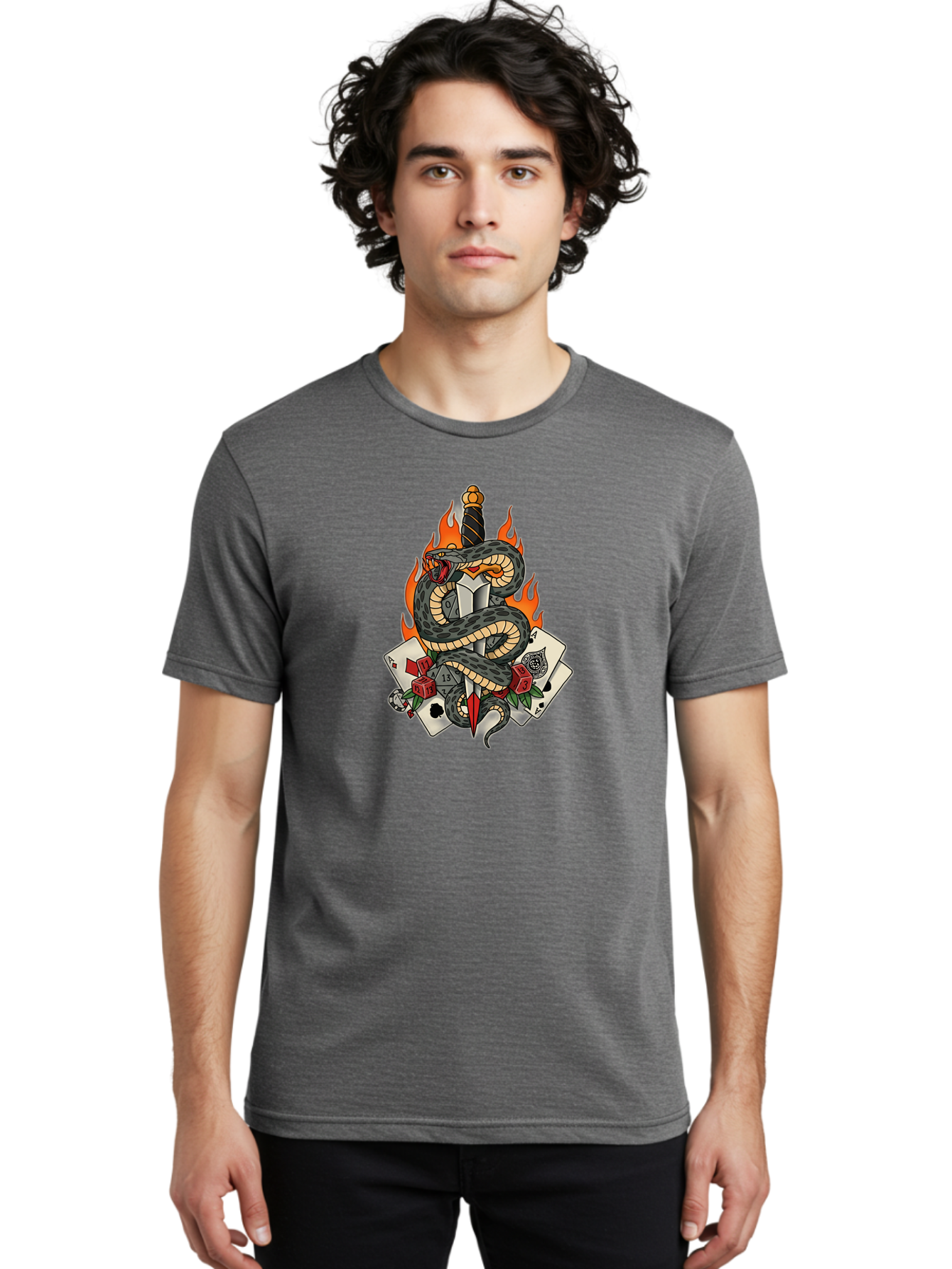 Snake-Dagger-Tattoo Men'S Graphic Tee, 100% Cotton, Comfortable Casual Summer Wear, Machine Washable, Snake Wrapped Dagger, Playing Cards, Red Dice, Skull, Flames, Tattoo Art, Traditional Tattoo, Bold Lines, Vibrant Colors, Dagger With Snake, Bad651