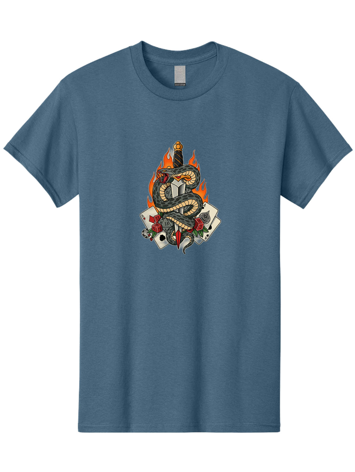 Snake-Dagger-Tattoo Men'S Graphic Tee, 100% Cotton, Comfortable Casual Summer Wear, Machine Washable, Snake Wrapped Dagger, Playing Cards, Red Dice, Skull, Flames, Tattoo Art, Traditional Tattoo, Bold Lines, Vibrant Colors, Dagger With Snake, Bad651