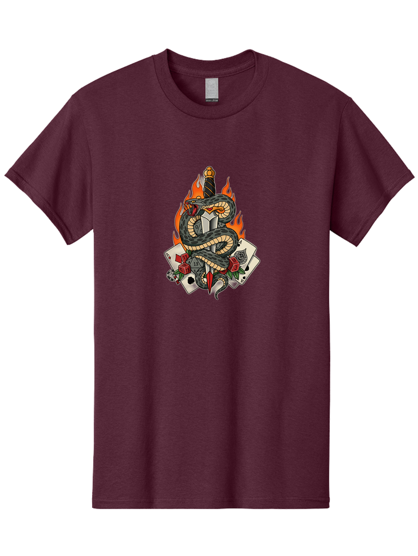 Snake-Dagger-Tattoo Men'S Graphic Tee, 100% Cotton, Comfortable Casual Summer Wear, Machine Washable, Snake Wrapped Dagger, Playing Cards, Red Dice, Skull, Flames, Tattoo Art, Traditional Tattoo, Bold Lines, Vibrant Colors, Dagger With Snake, Bad651