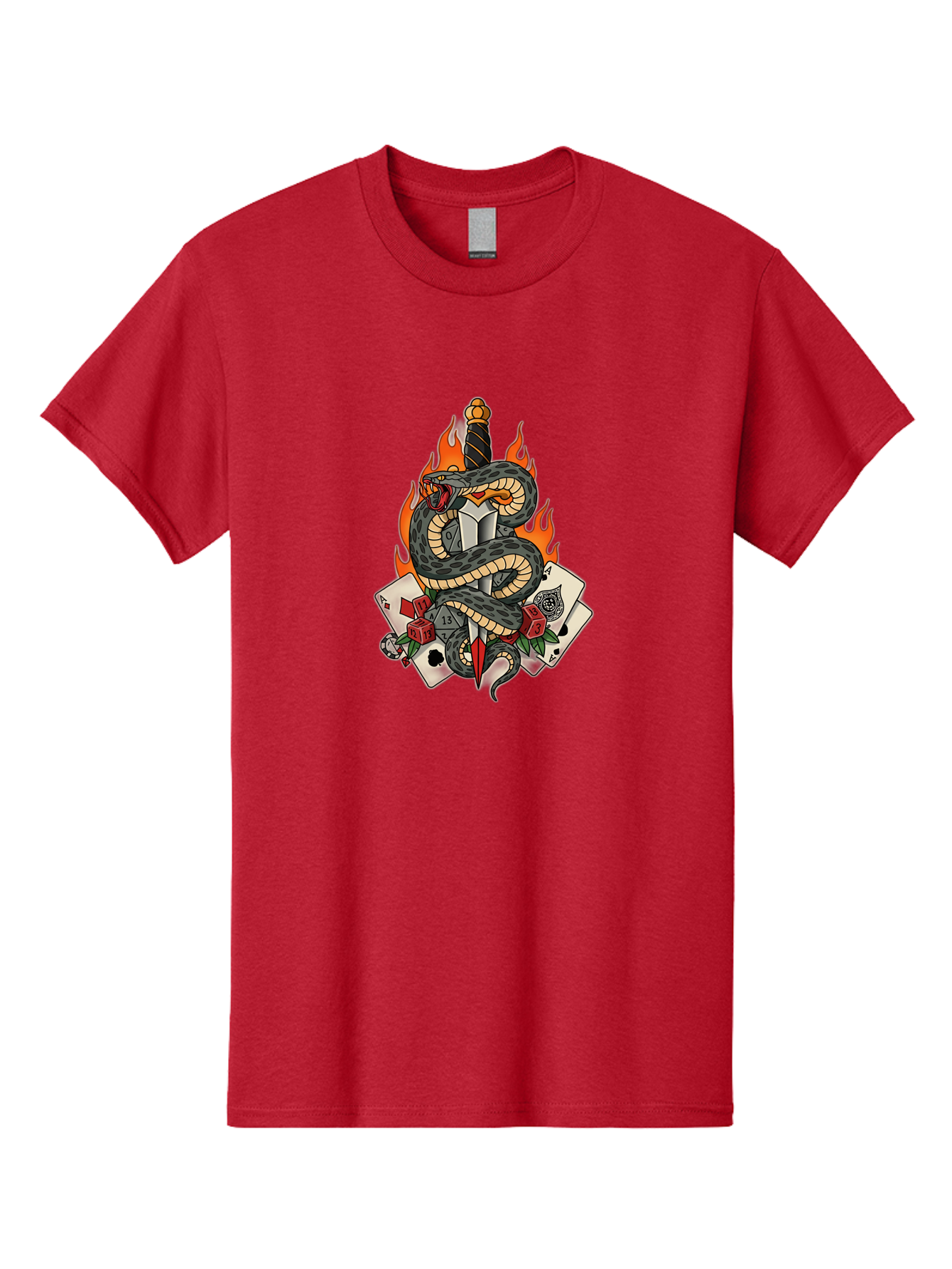 Snake-Dagger-Tattoo Men'S Graphic Tee, 100% Cotton, Comfortable Casual Summer Wear, Machine Washable, Snake Wrapped Dagger, Playing Cards, Red Dice, Skull, Flames, Tattoo Art, Traditional Tattoo, Bold Lines, Vibrant Colors, Dagger With Snake, Bad651