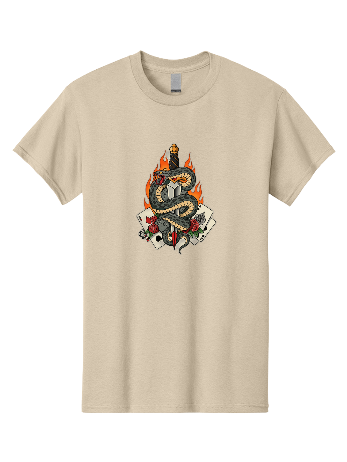 Snake-Dagger-Tattoo Men'S Graphic Tee, 100% Cotton, Comfortable Casual Summer Wear, Machine Washable, Snake Wrapped Dagger, Playing Cards, Red Dice, Skull, Flames, Tattoo Art, Traditional Tattoo, Bold Lines, Vibrant Colors, Dagger With Snake, Bad651