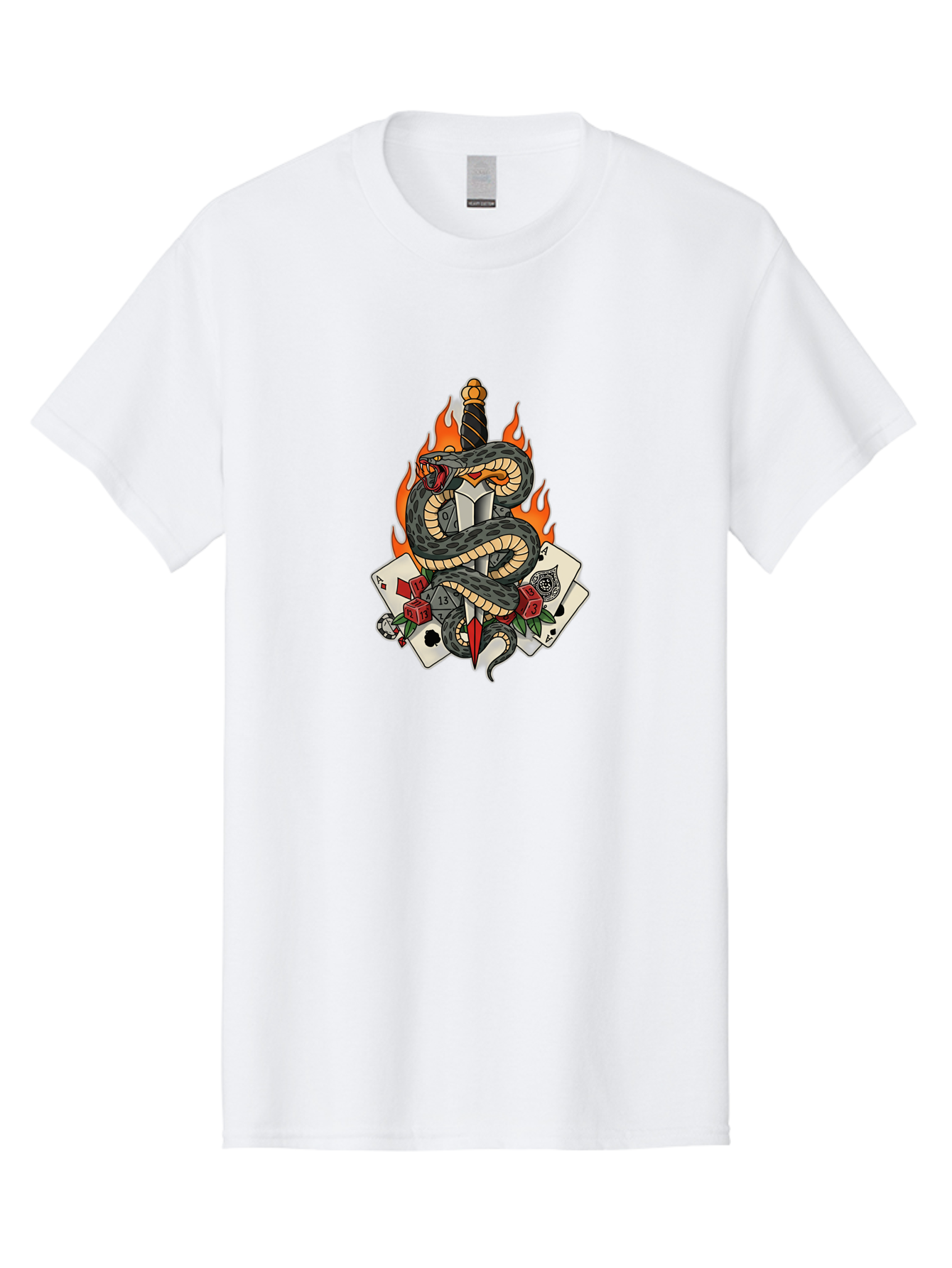 Snake-Dagger-Tattoo Men'S Graphic Tee, 100% Cotton, Comfortable Casual Summer Wear, Machine Washable, Snake Wrapped Dagger, Playing Cards, Red Dice, Skull, Flames, Tattoo Art, Traditional Tattoo, Bold Lines, Vibrant Colors, Dagger With Snake, Bad651