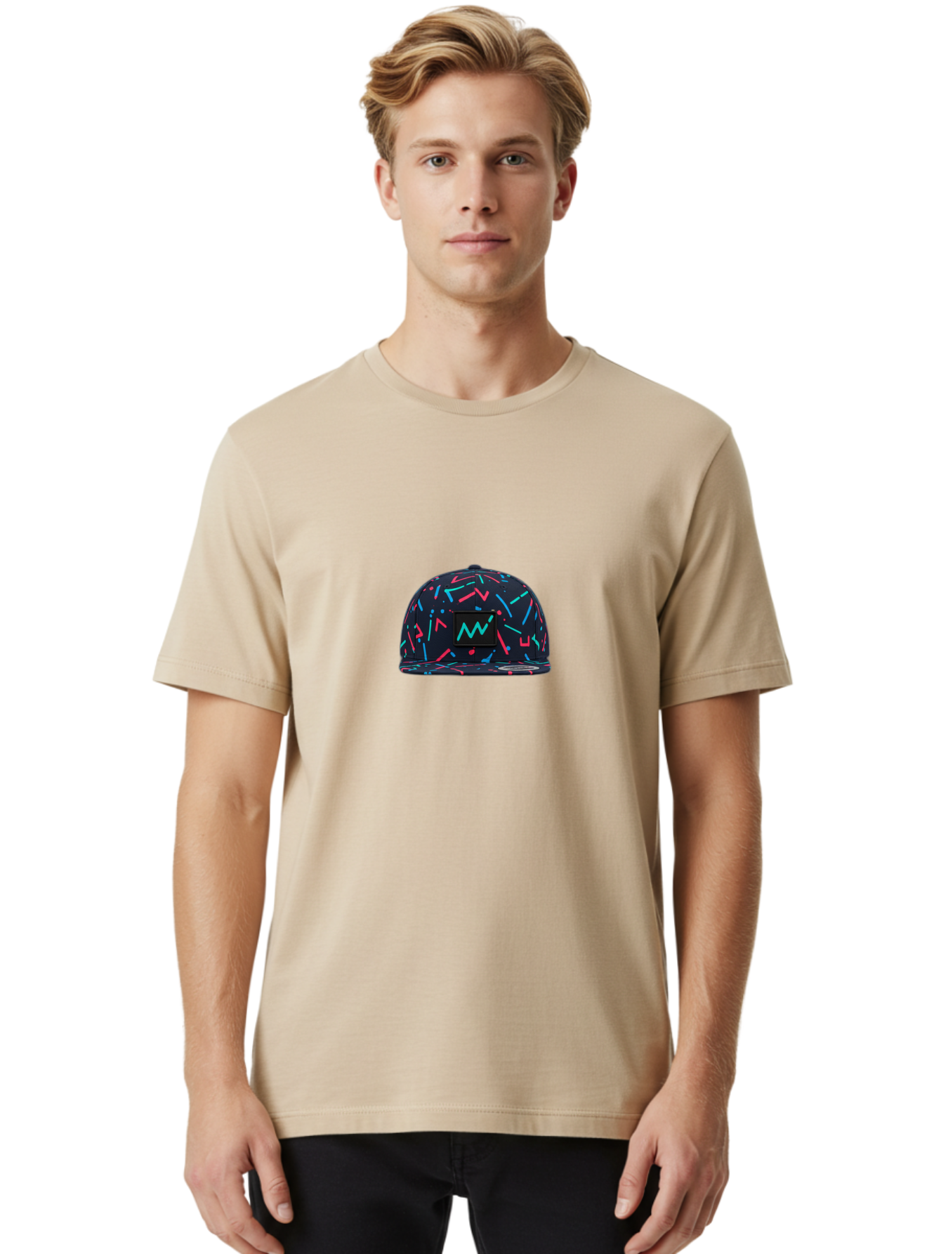Snapback-Hat Men'S Graphic Tee, 100% Cotton, Comfortable Casual Summer Wear, Machine Washable, Nike Baseball Cap, Neon Lights Pattern, Pink And Blue Accents, Modern Fashion, Streetwear Style, Trendy Accessories, Sporty Chic, Vibrant Colors, Bad653