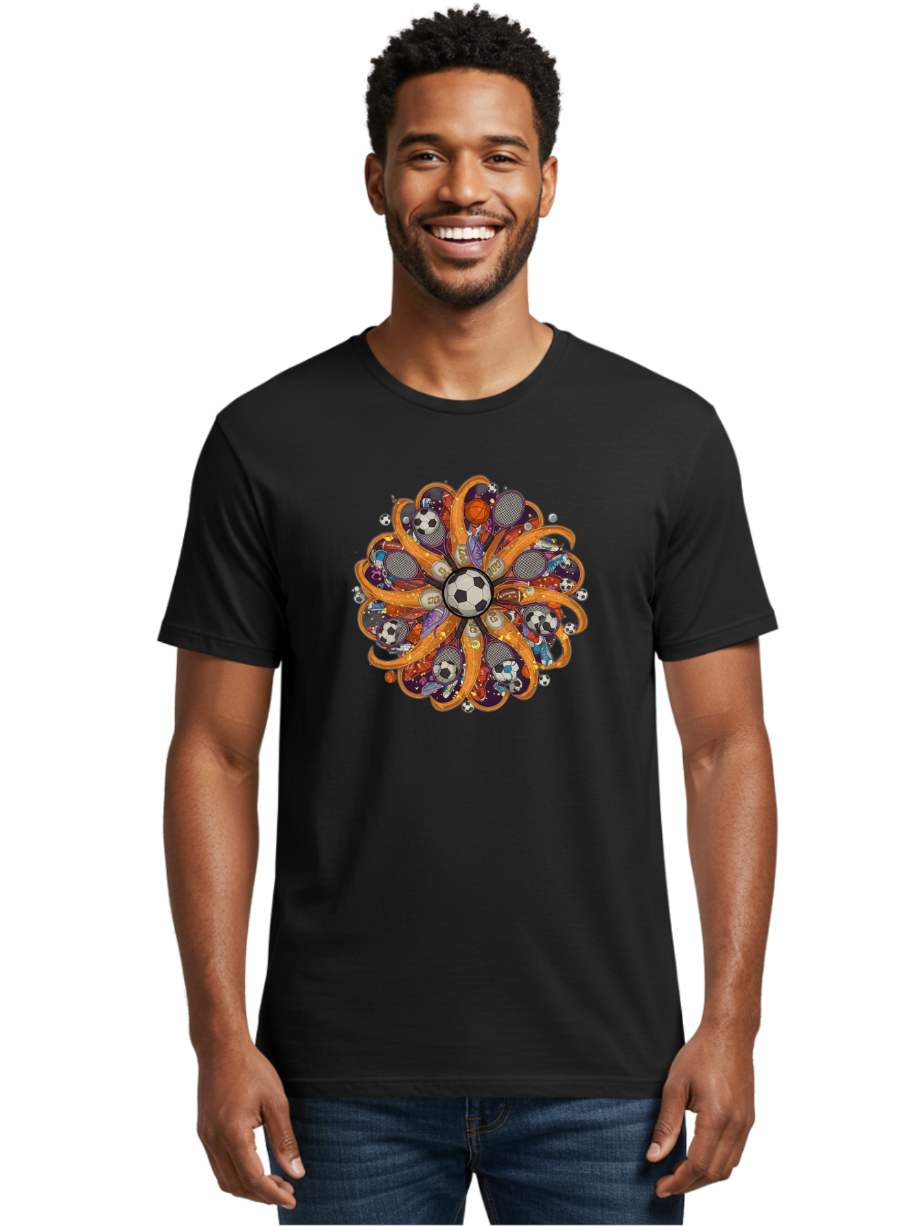 Soccer-Ball-Mandala Men'S Graphic Tee, 100% Cotton, Comfortable Casual Summer Wear, Machine Washable, Soccer Ball, Sports Equipment, Basketballs, Tennis Rackets, Athletic Gear, Vibrant Colors, Dynamic Design, Floral Pattern, Bad654
