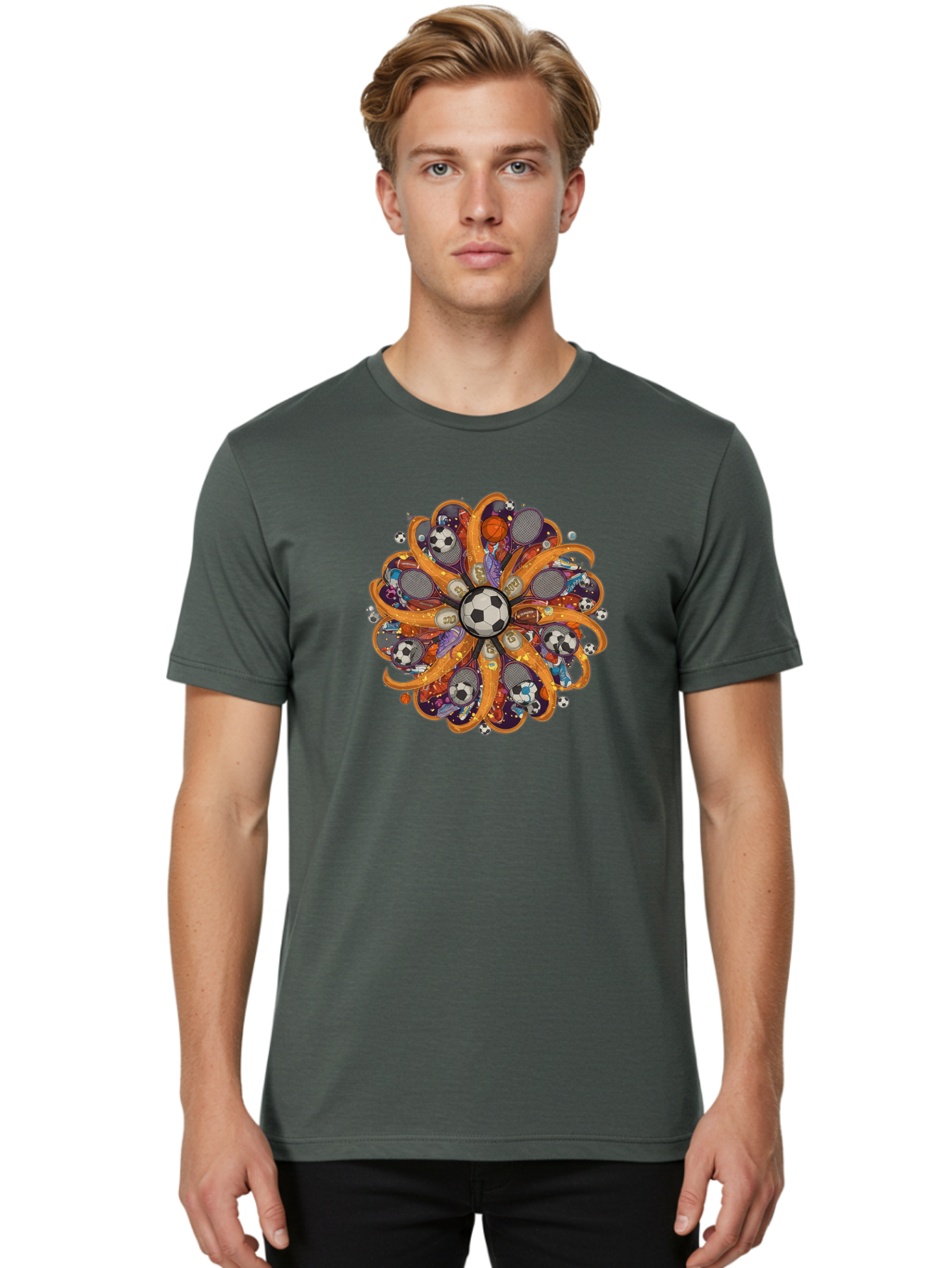 Soccer-Ball-Mandala Men'S Graphic Tee, 100% Cotton, Comfortable Casual Summer Wear, Machine Washable, Soccer Ball, Sports Equipment, Basketballs, Tennis Rackets, Athletic Gear, Vibrant Colors, Dynamic Design, Floral Pattern, Bad654